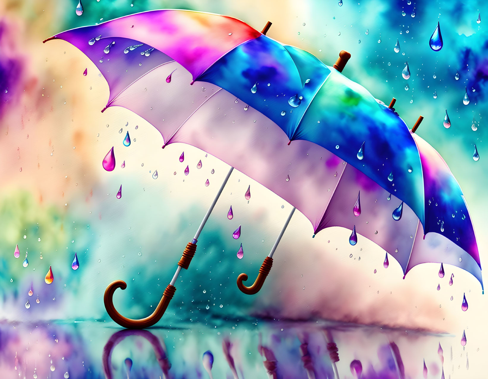 Vibrant bokeh-lit background with colorful umbrellas and water droplets