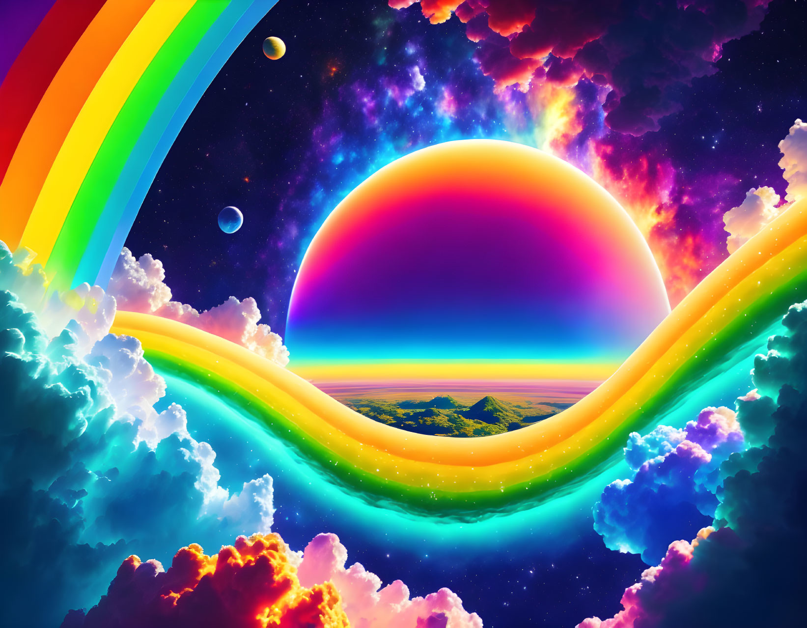 Colorful digital artwork: Rainbow arching over surreal landscape