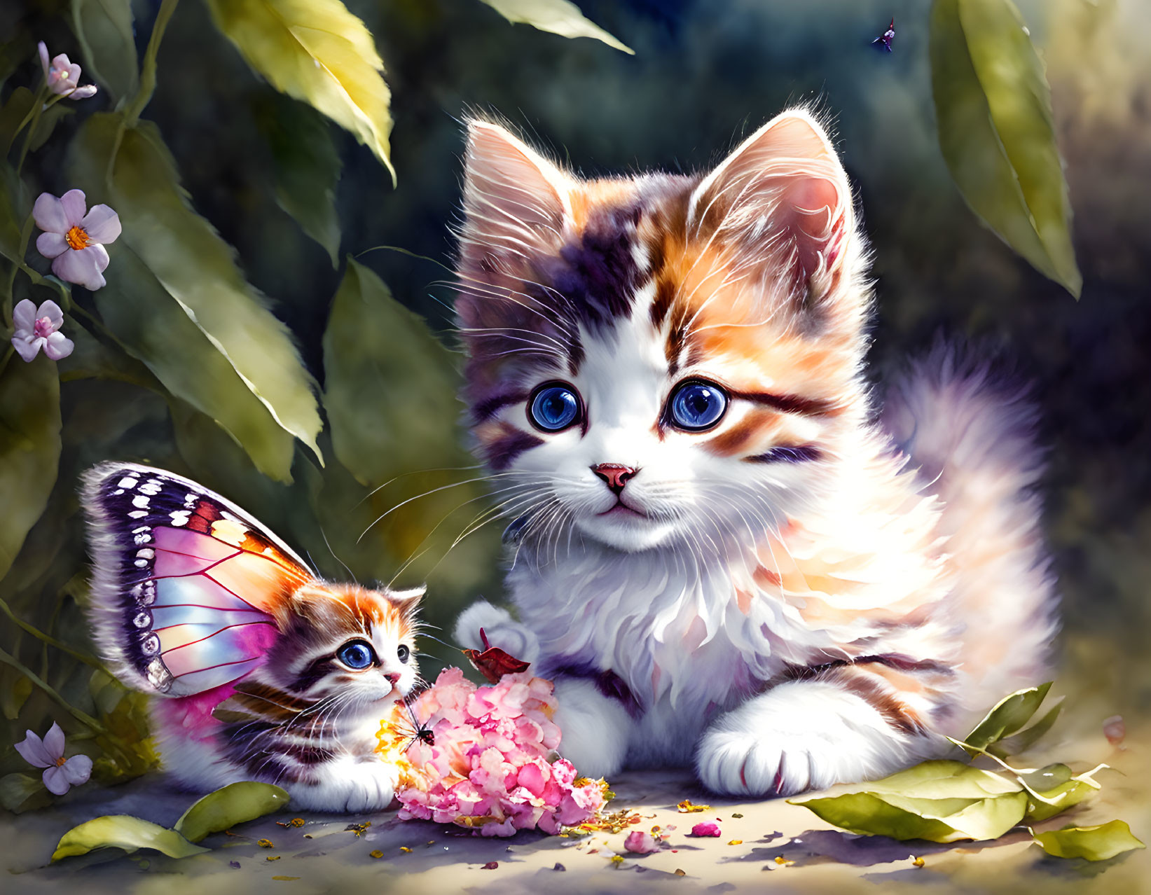 Fluffy multicolored kitten with mini version and butterfly in nature