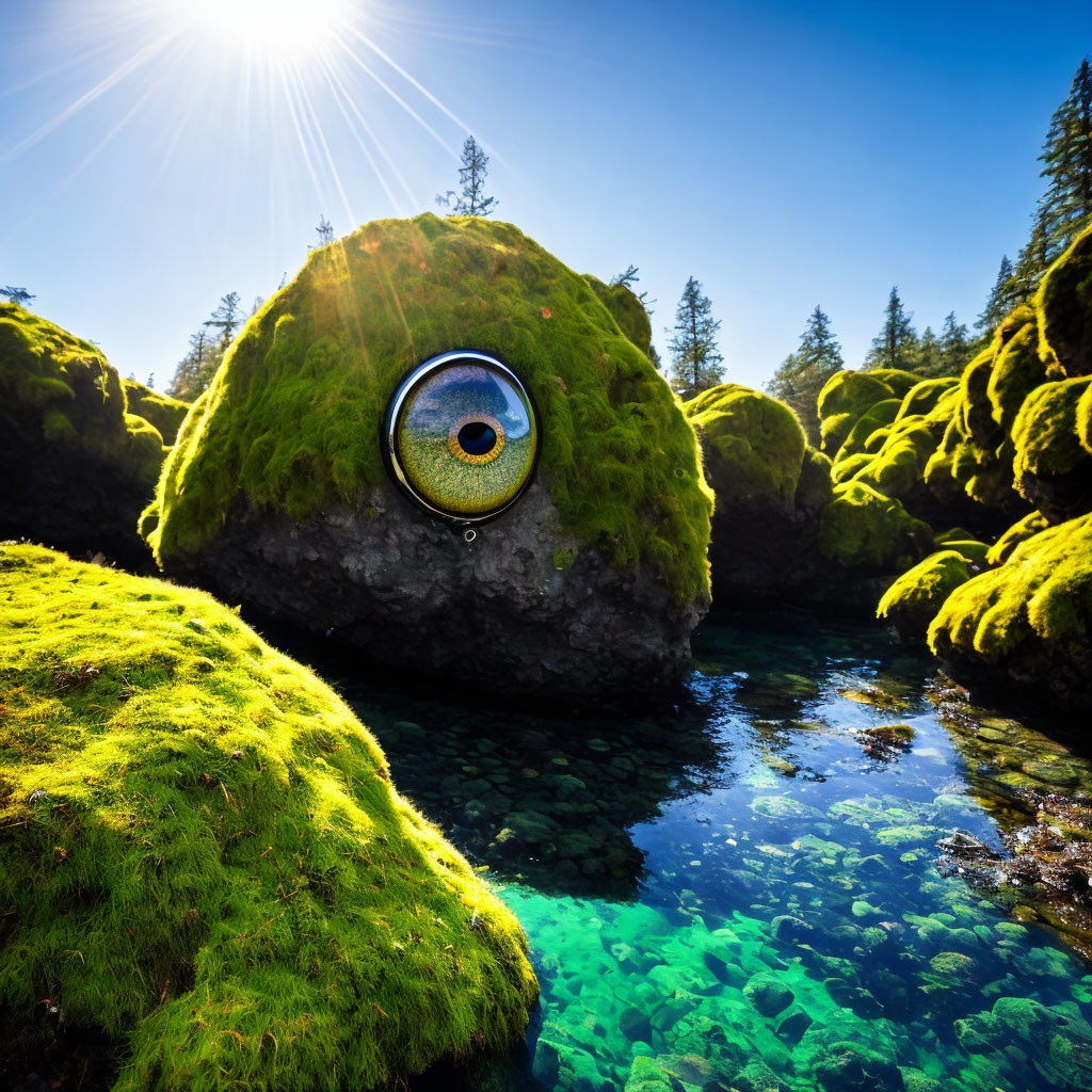 Speaker on Moss-Covered Rock by Blue Pond in Forest