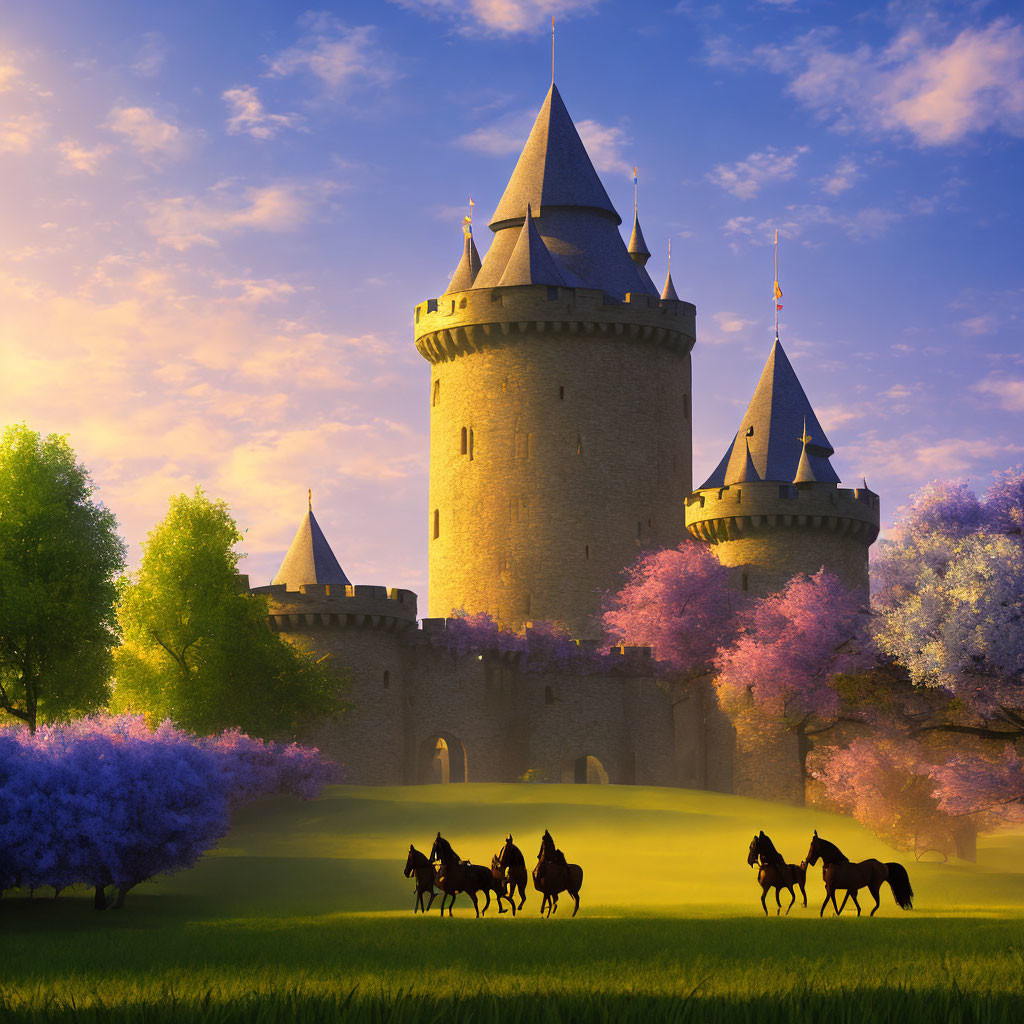 Majestic castle with towering spires and riders on horseback at sunset