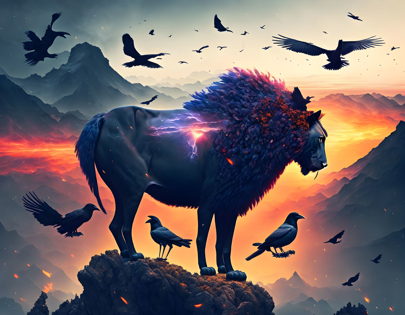 Majestic lion with fiery mane on rocky peak under dramatic sunset sky