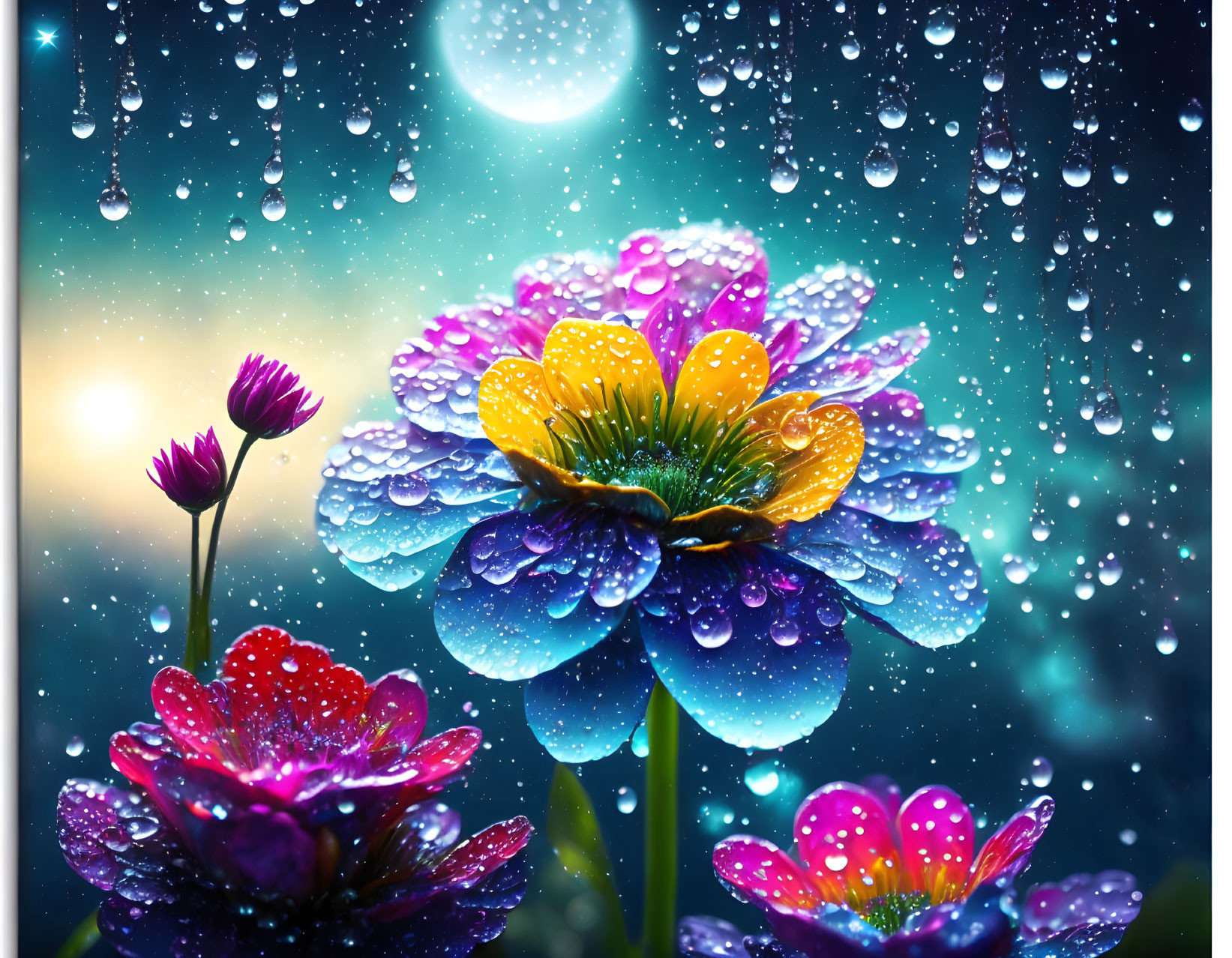 Night sky scene with vibrant flowers, dewdrops, and bokeh lights