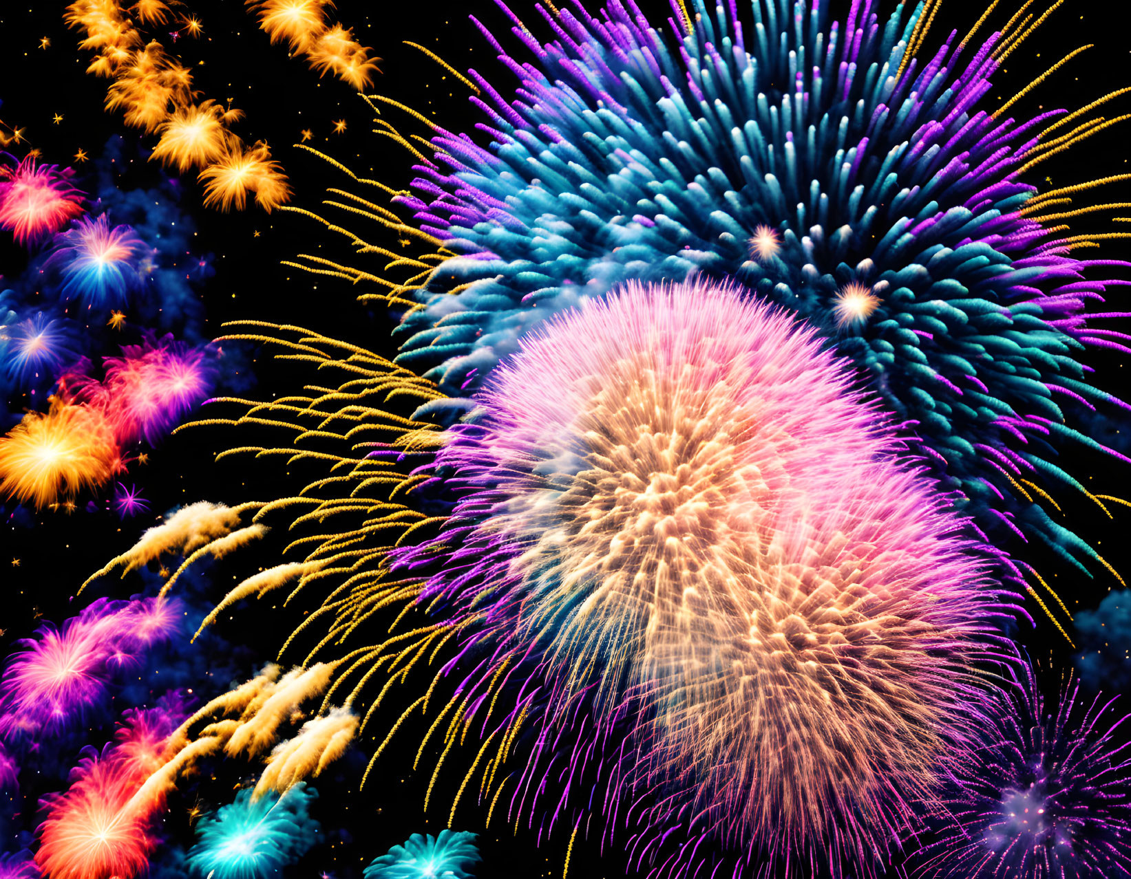 Colorful fireworks illuminate dark night sky with falling sparks