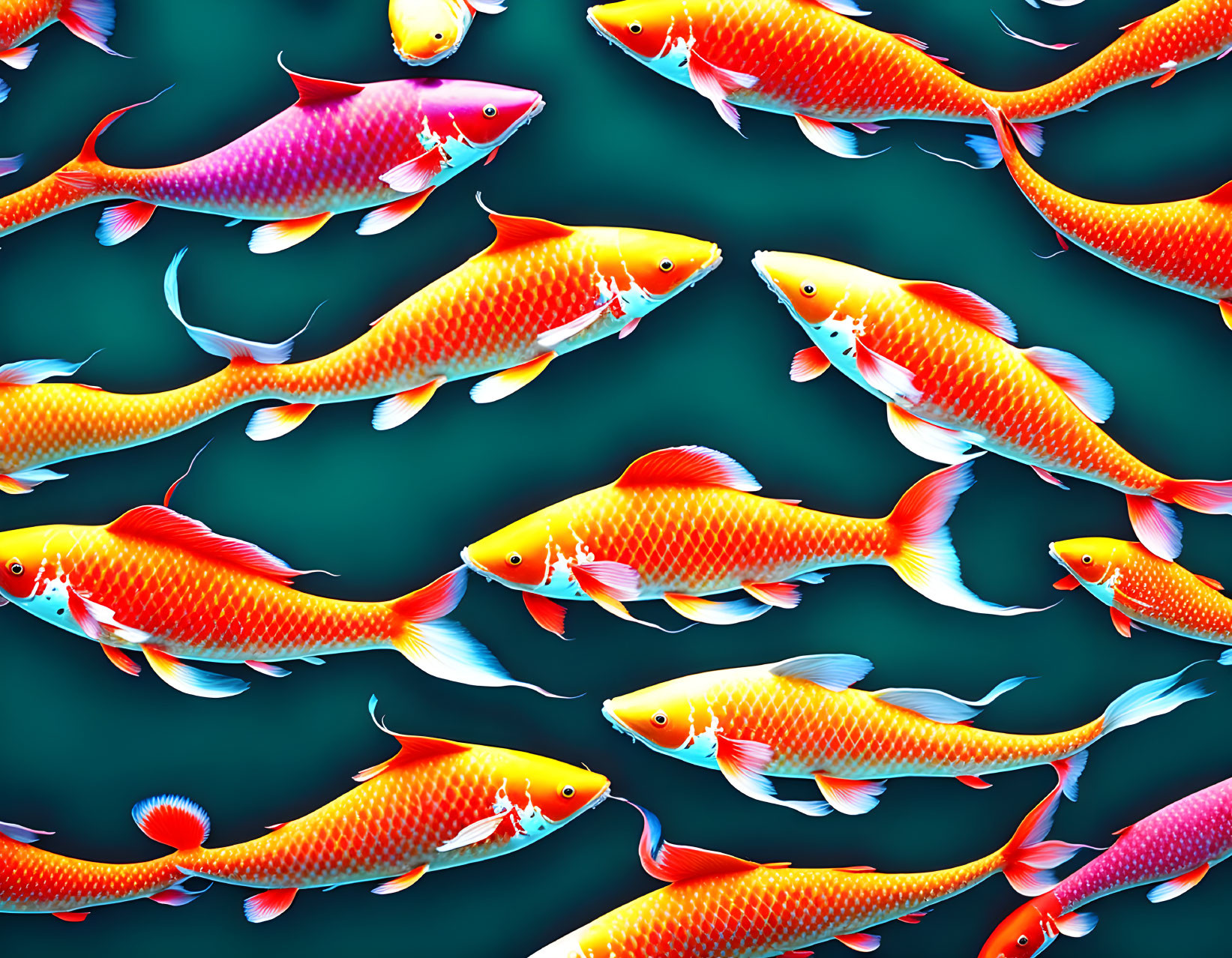 Vibrant red and orange koi fish pattern on dark teal background