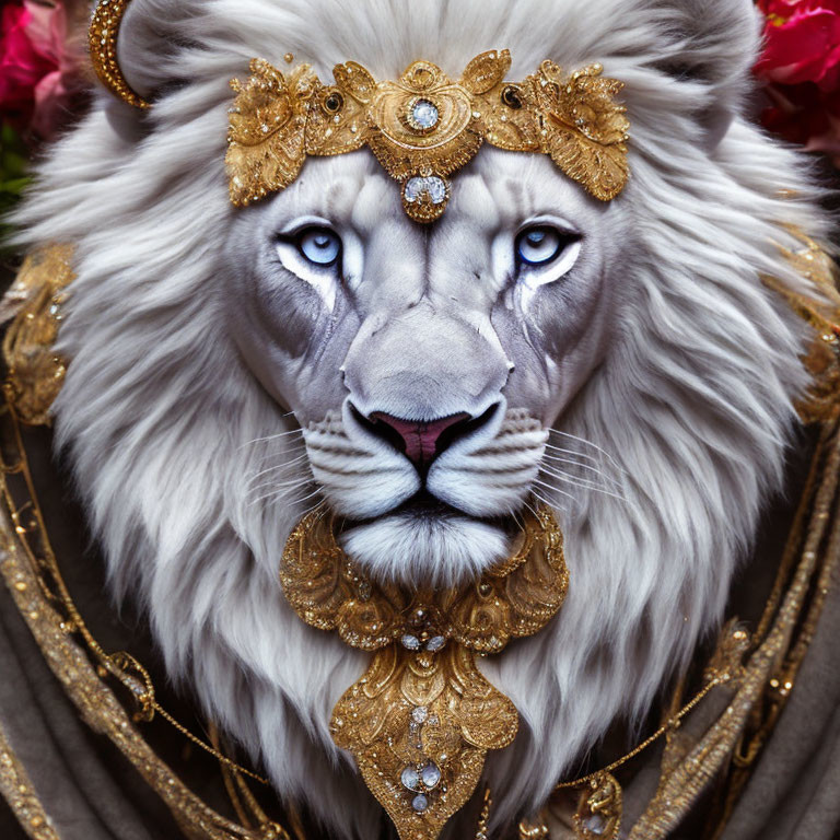 White lion with golden headdress and regal collar among vibrant flowers