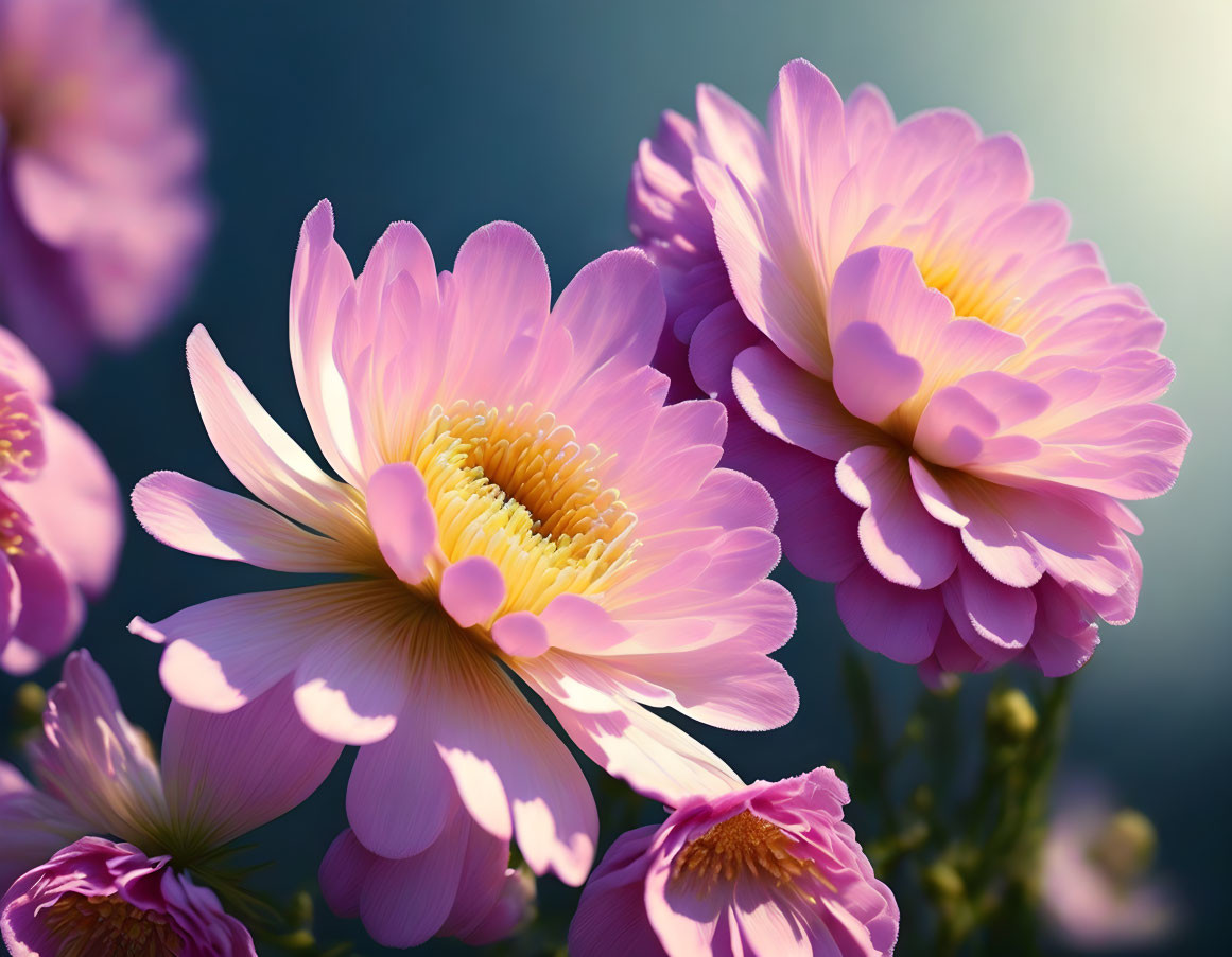 Bright pink flowers with yellow centers on soft blue backdrop