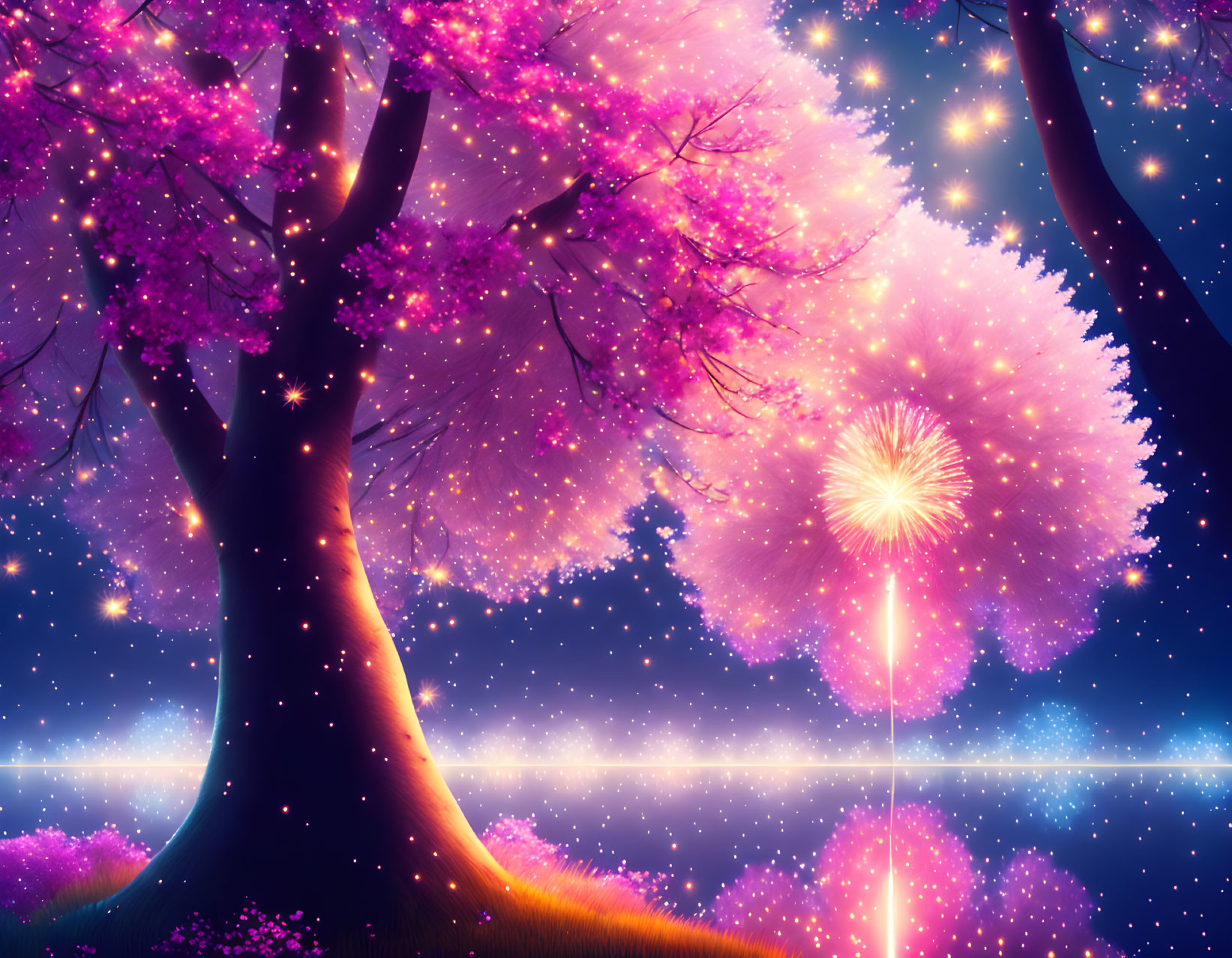 Fantasy landscape with cherry blossom tree and ethereal lights