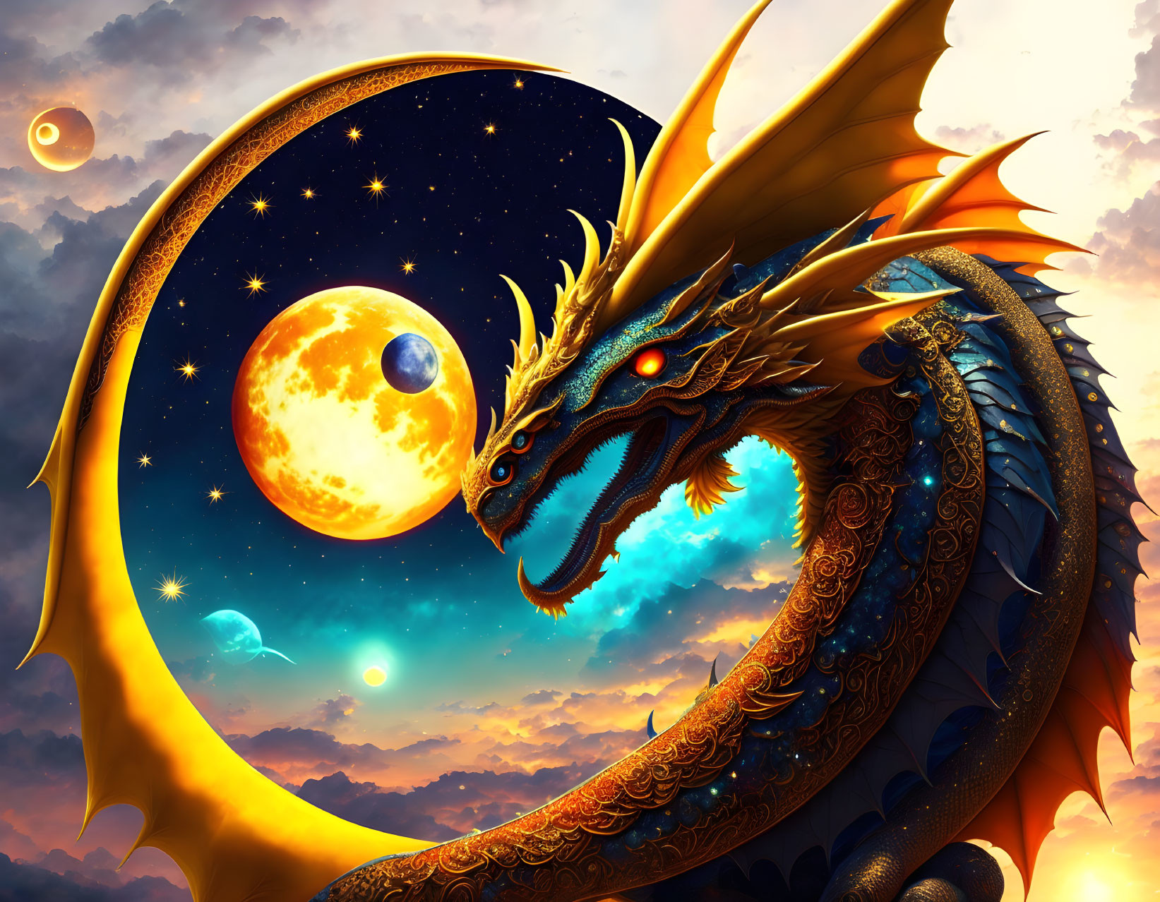 Majestic dragon with golden horns in a fantastical sky