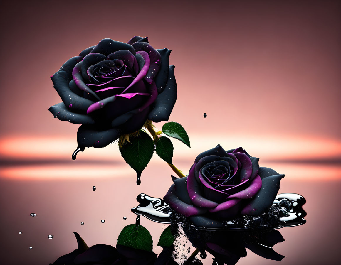 Dark Purple Roses with Water Droplets on Reflective Surface Against Pinkish-Orange Background