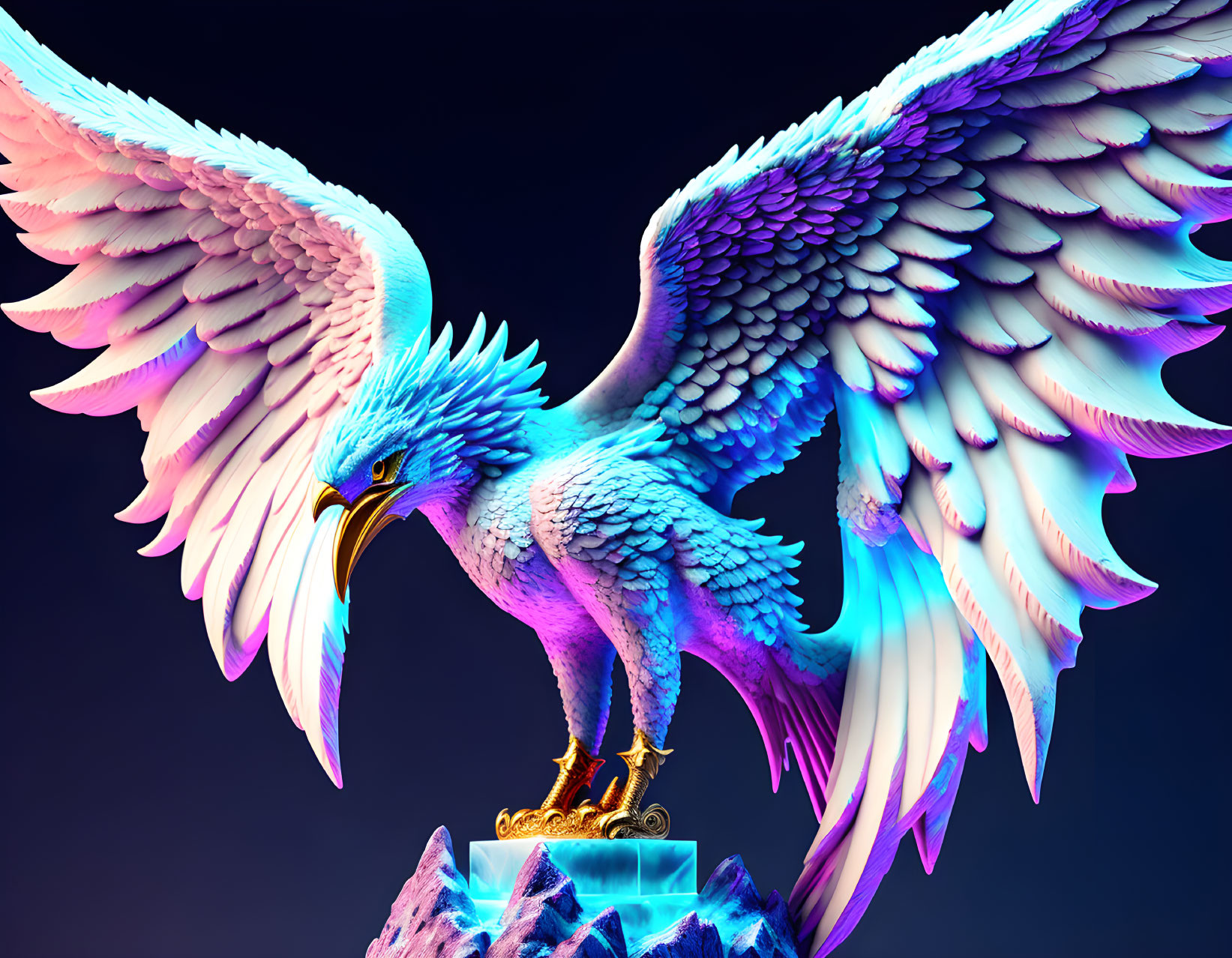 Majestic blue and purple eagle perched on crystalline structures