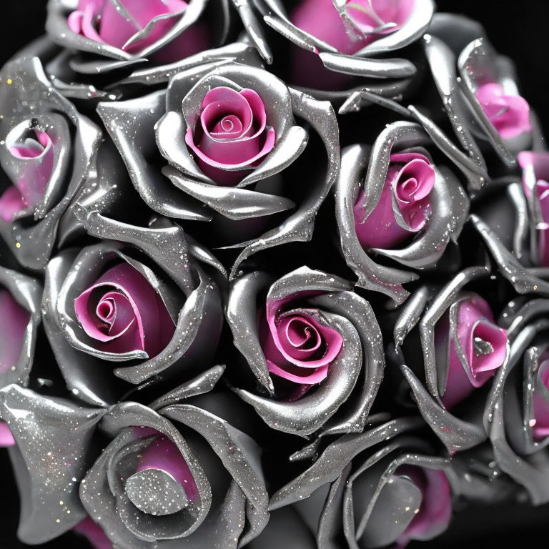 Pink and Gray Glittery Artificial Rose Cluster for Romantic Floral Arrangement