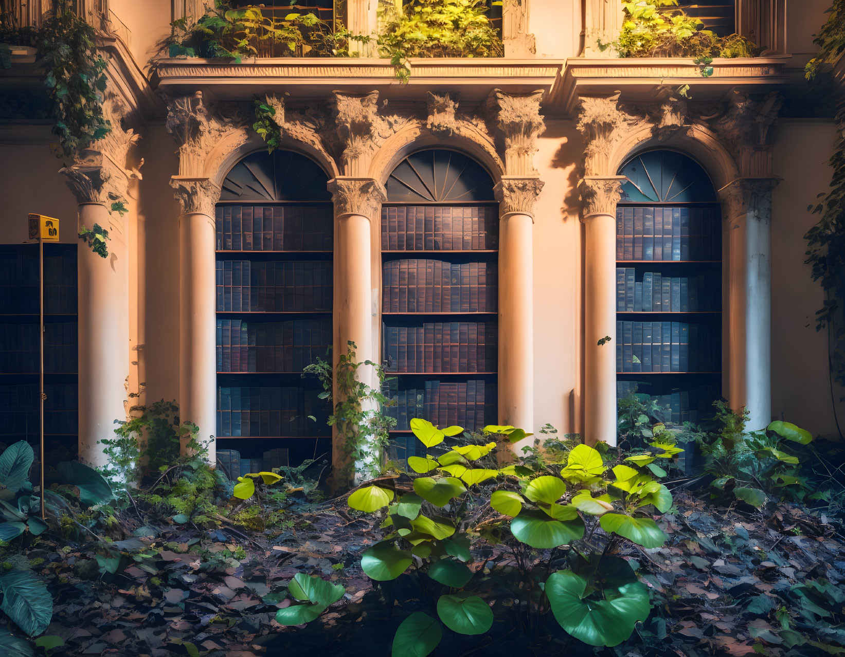 Elegant library interior with arched windows and columns