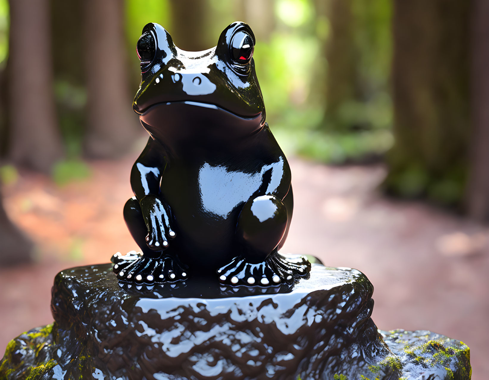 Black Frog Sculpture with Red Eyes on Rock in Greenery