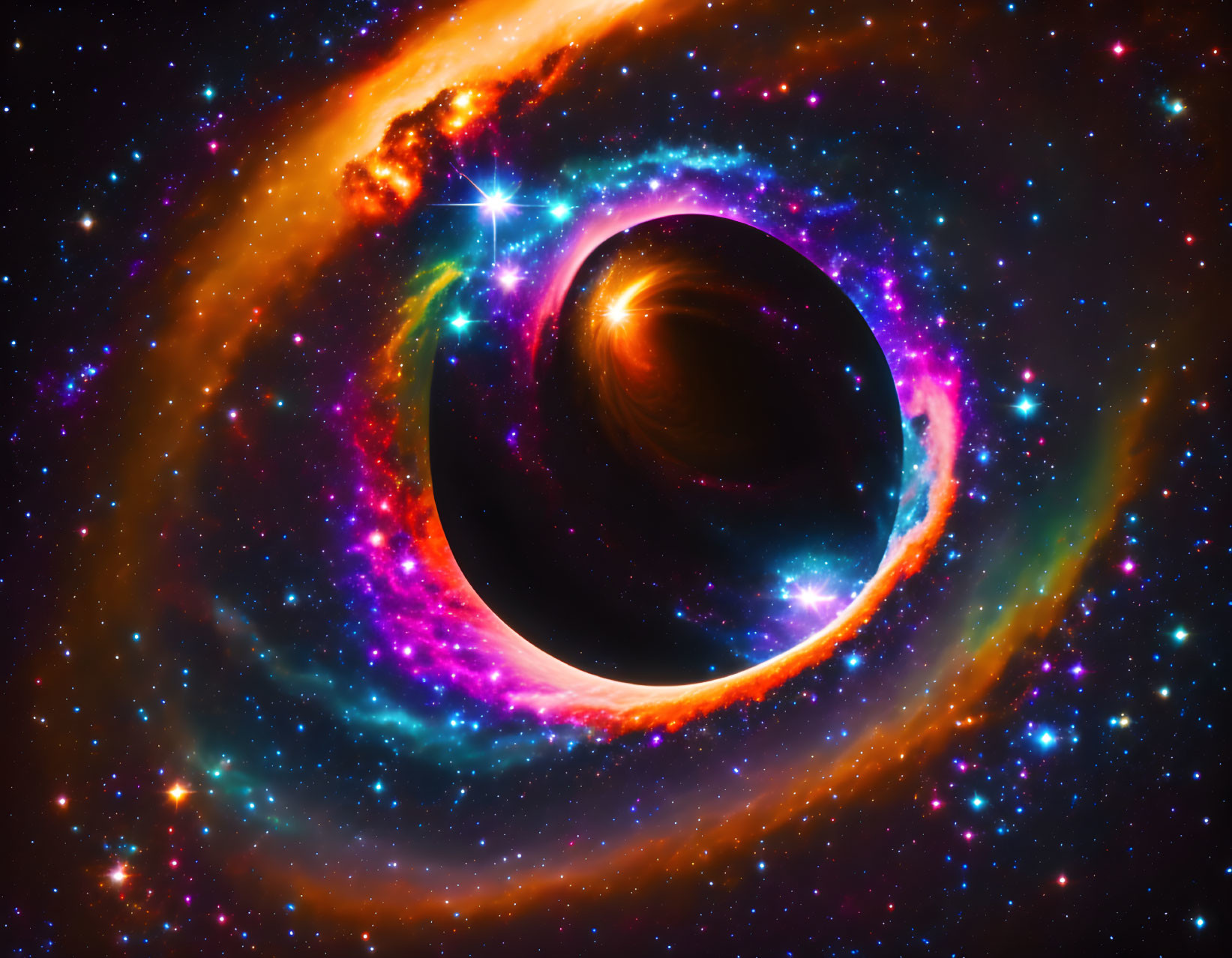 Colorful cosmic scene: black hole with gravitational lensing and accretion disk.