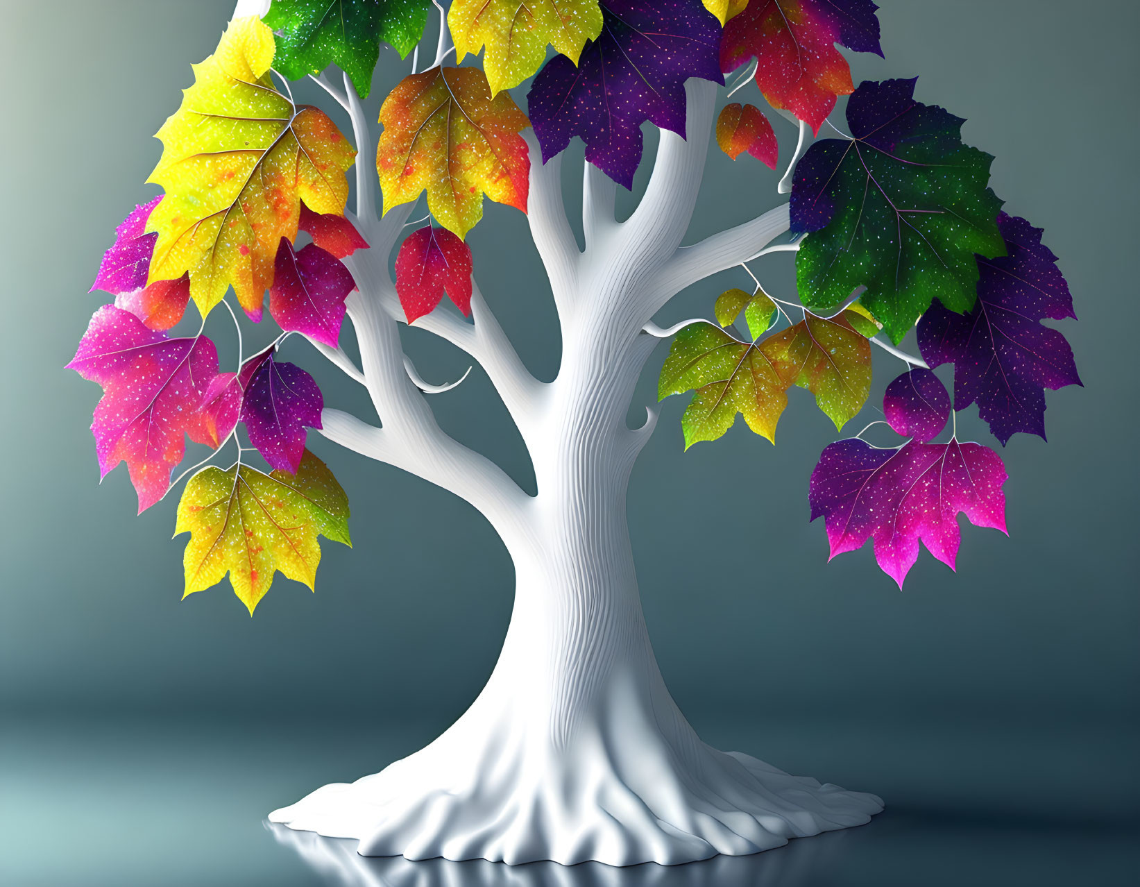 Digitally-created rainbow tree with white sculptural trunk on grey background