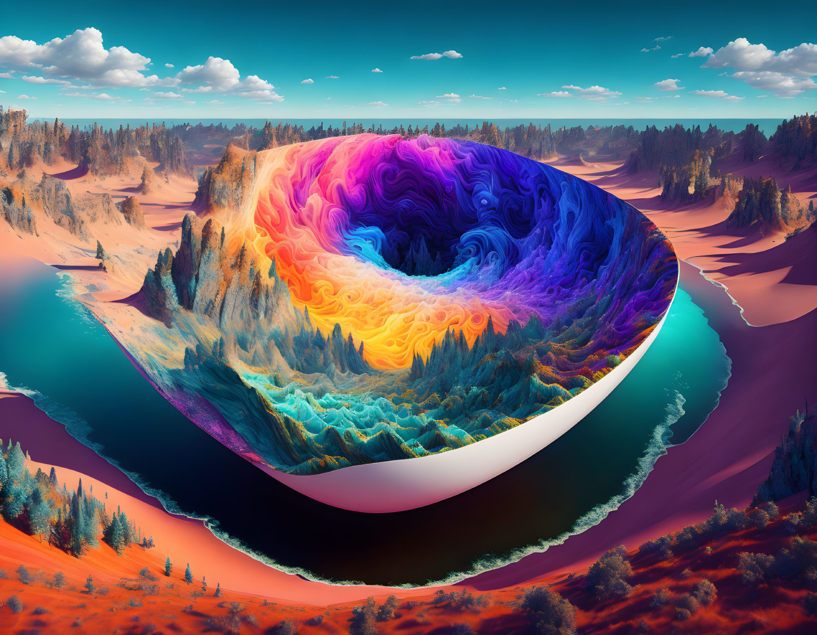 Colorful Swirling Vortex Over Autumnal Forest in Surreal Landscape