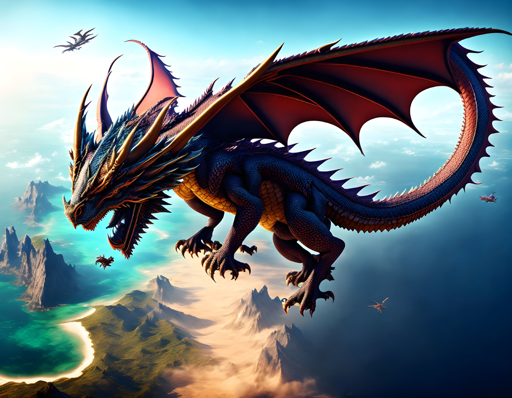 Majestic dragon flying over jagged mountains and azure waters