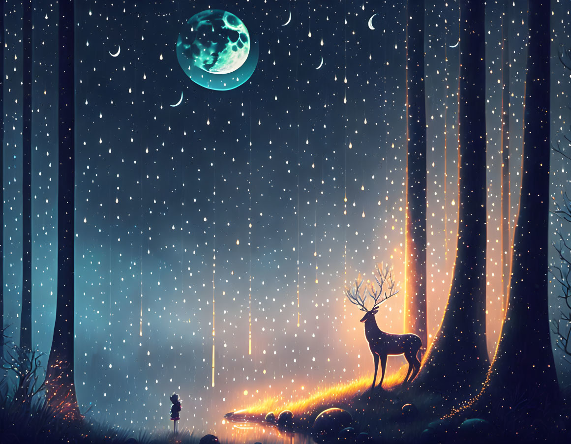 Full Moon Night Scene with Person, Deer, and Snowfall in Mystical Forest