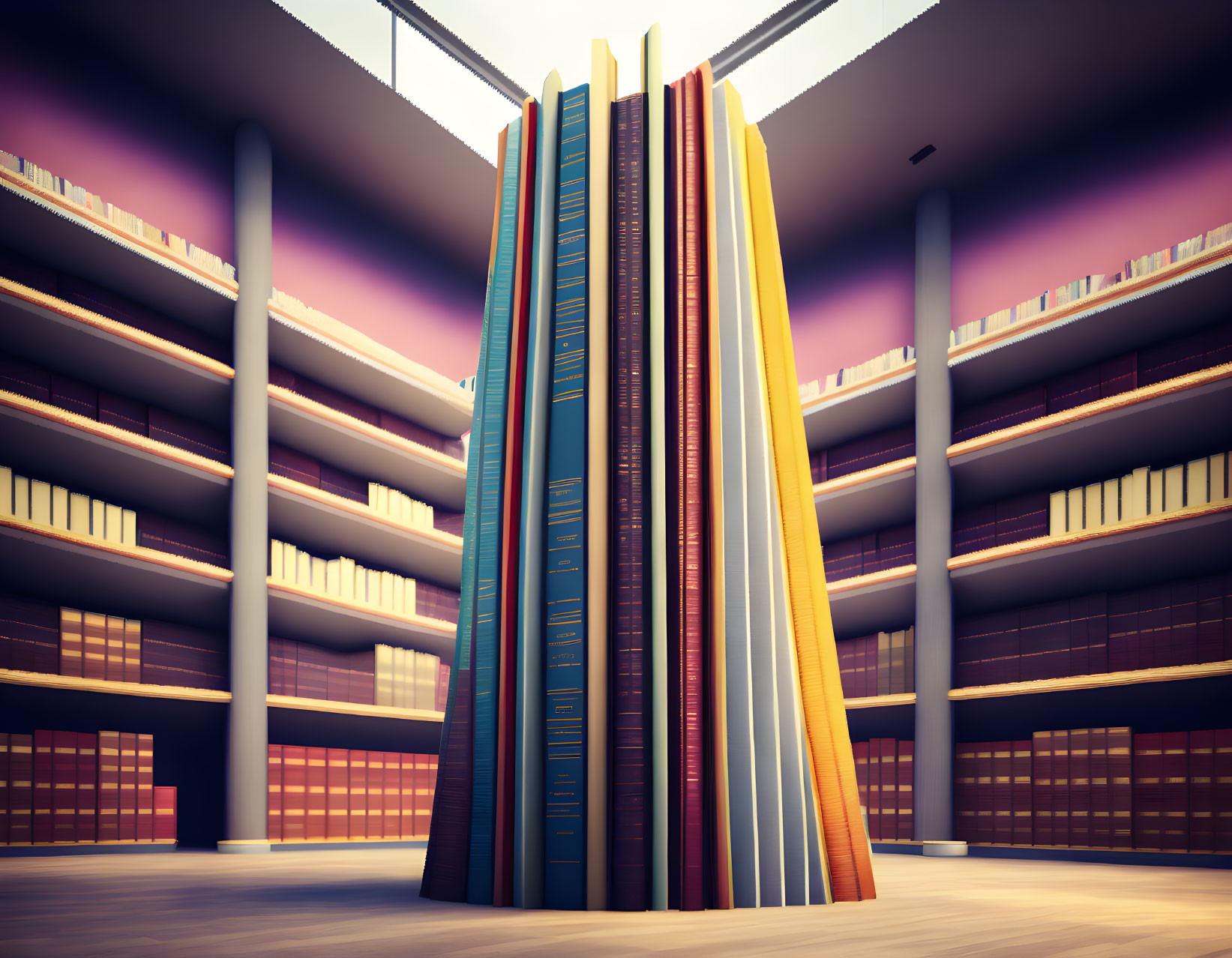 Colorful Books Stack in Library with Purple Sky