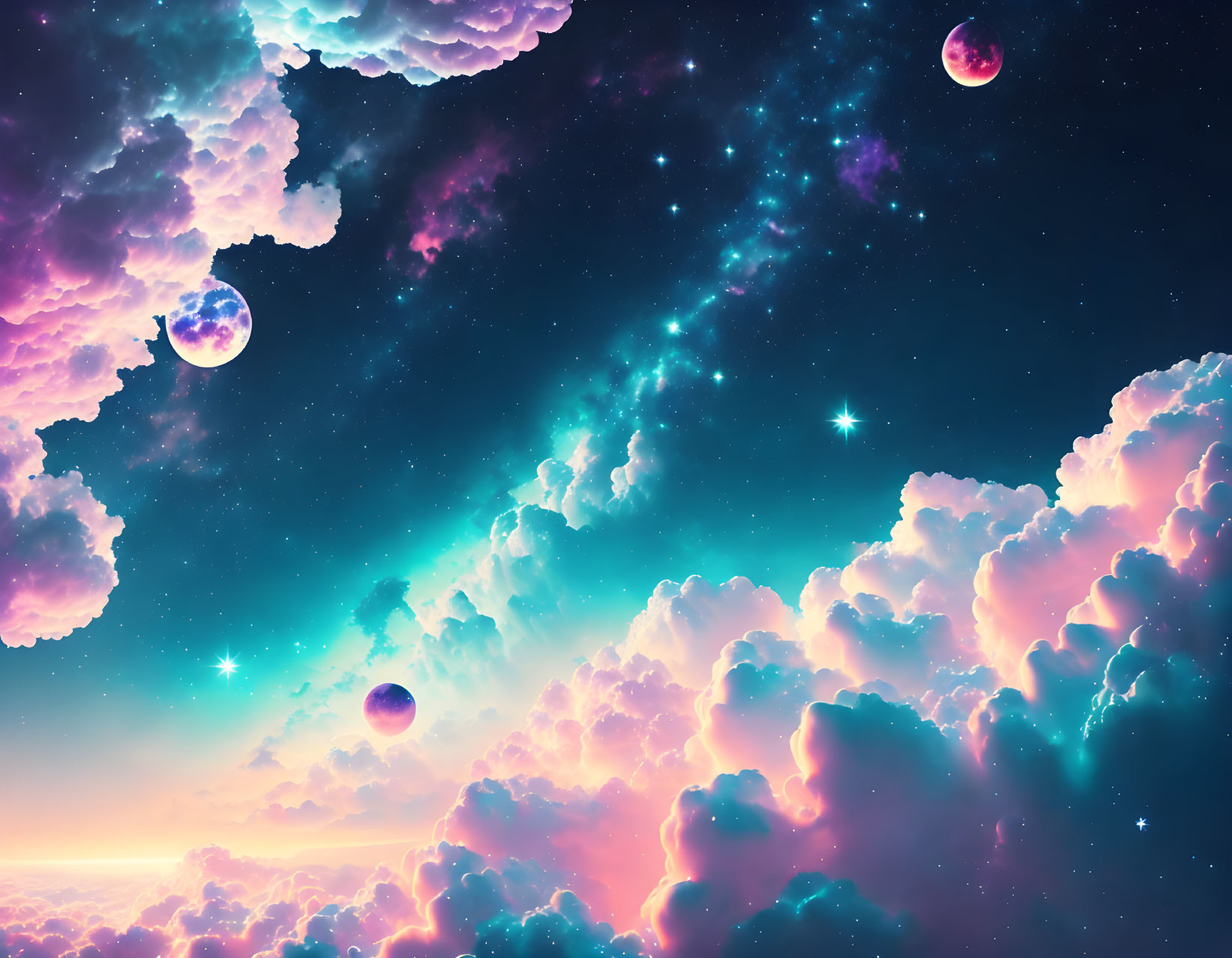 Colorful cosmic scene with pink and blue clouds, twinkling stars, and various planets.