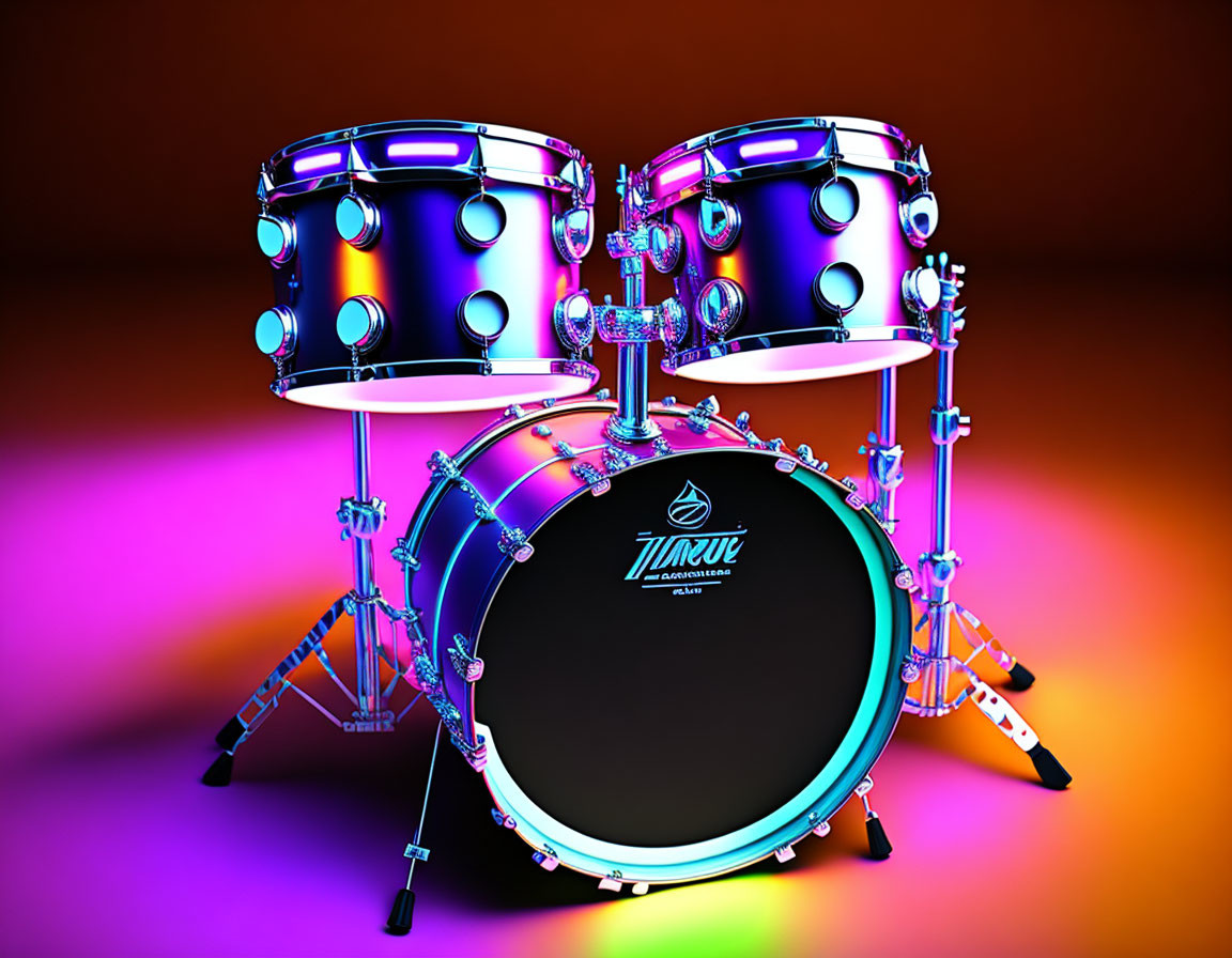 Neon-lit drum set with glossy finish and bass drum logo