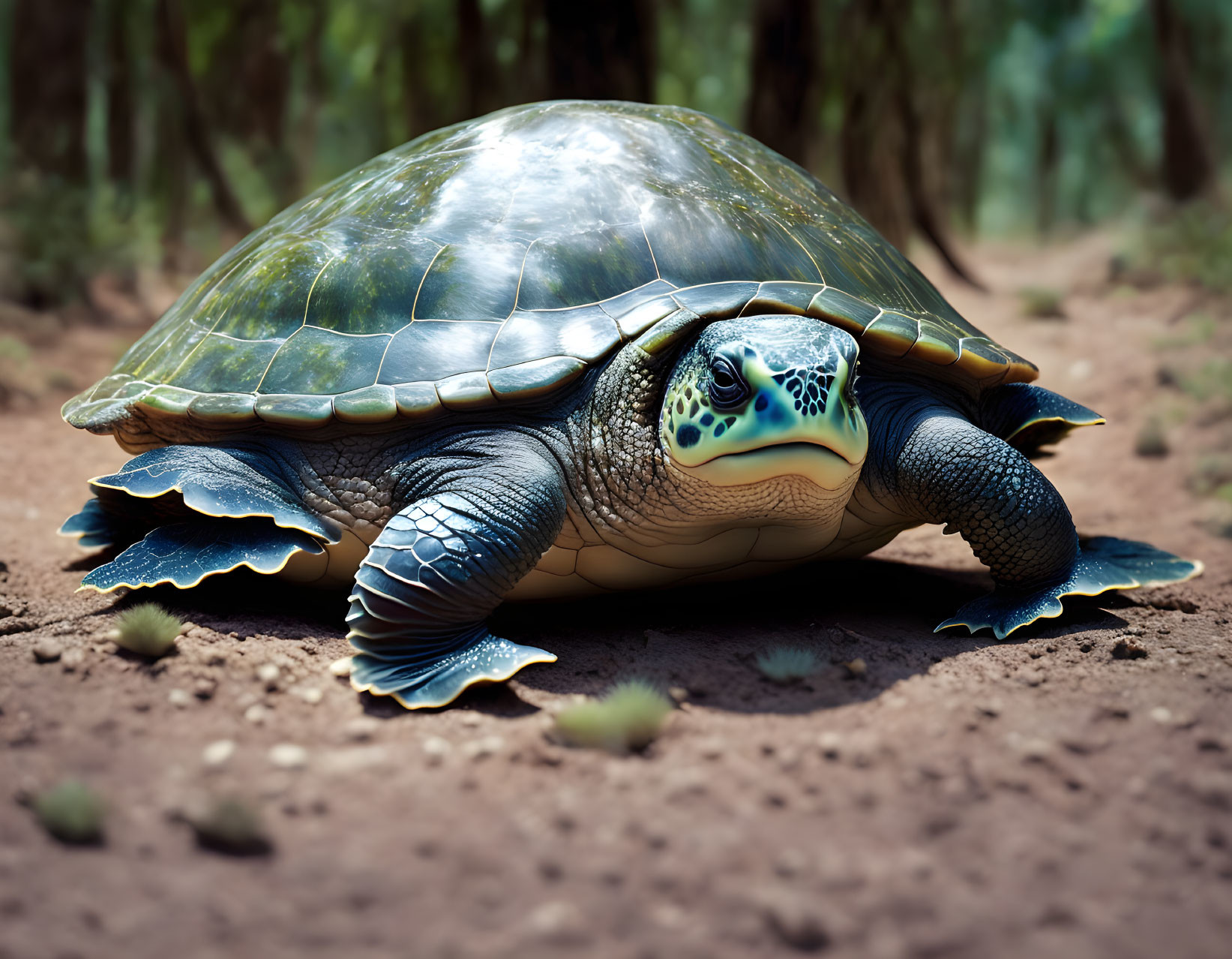 Shiny shell turtle with fringed flippers on dirt path