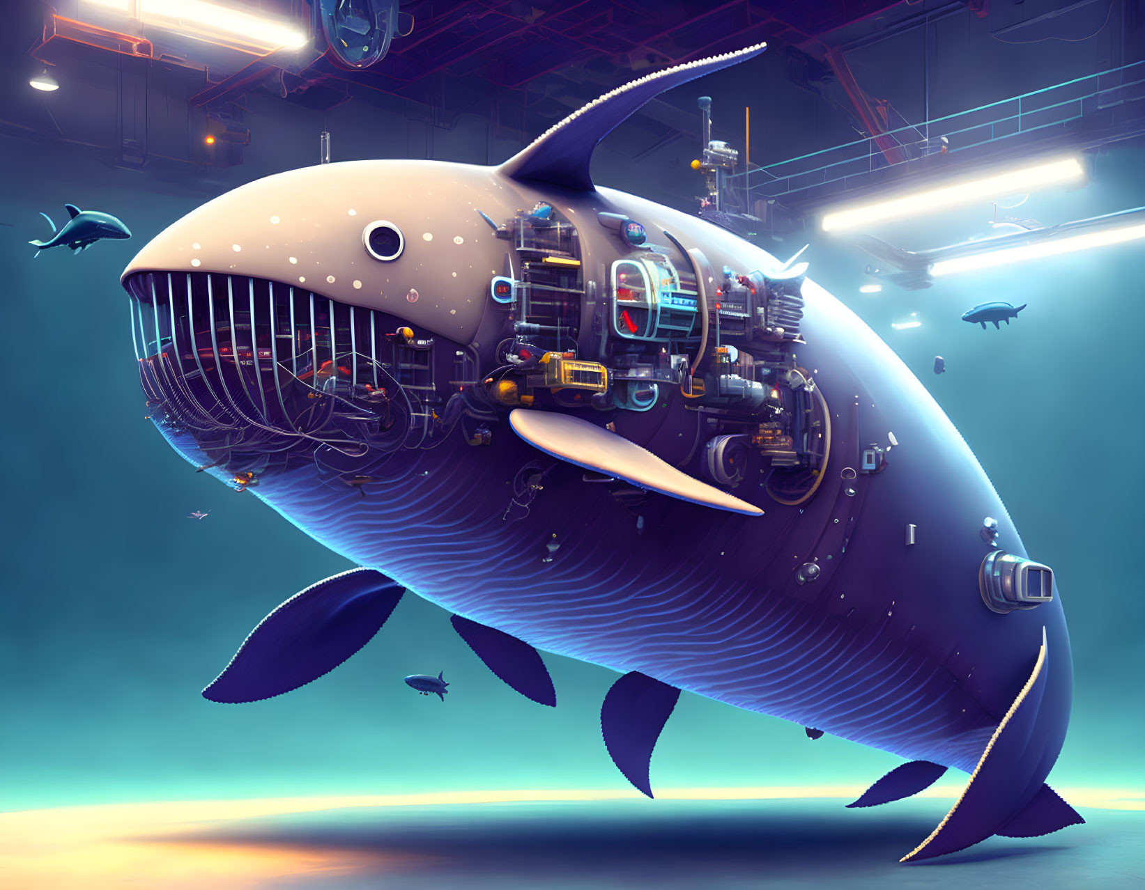 Intricate mechanical whale among fish in futuristic underwater scene