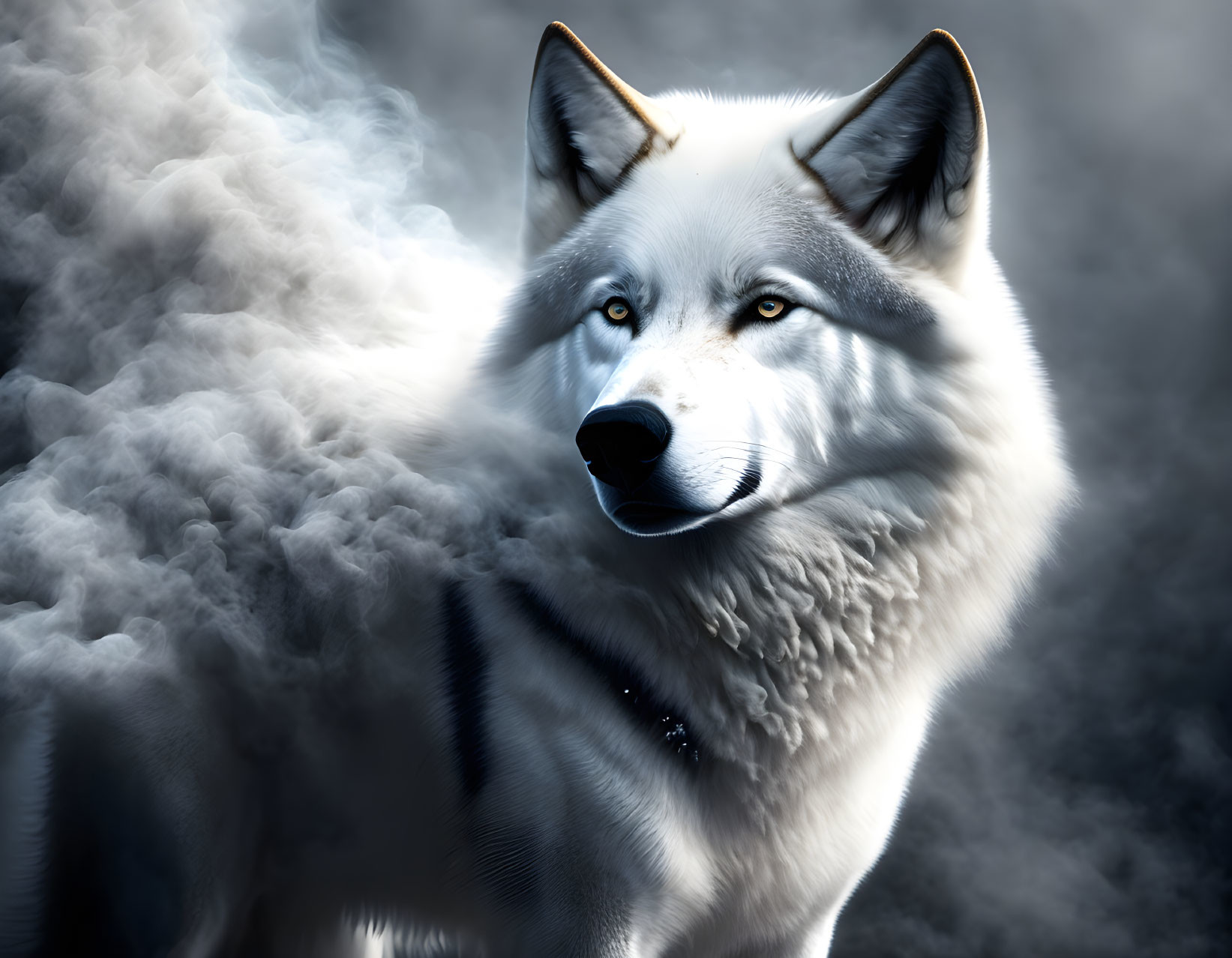 Majestic wolf with piercing eyes in misty setting