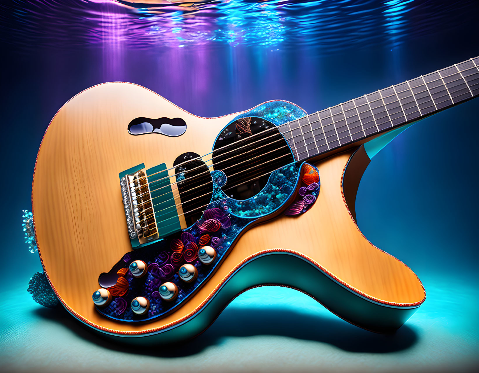 Colorful Sparkling Acoustic Guitar on Abstract Blue Purple Background