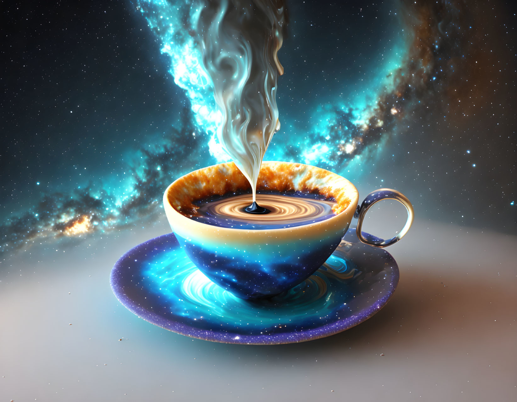 Cosmic-themed coffee cup with galaxy design on starry saucer