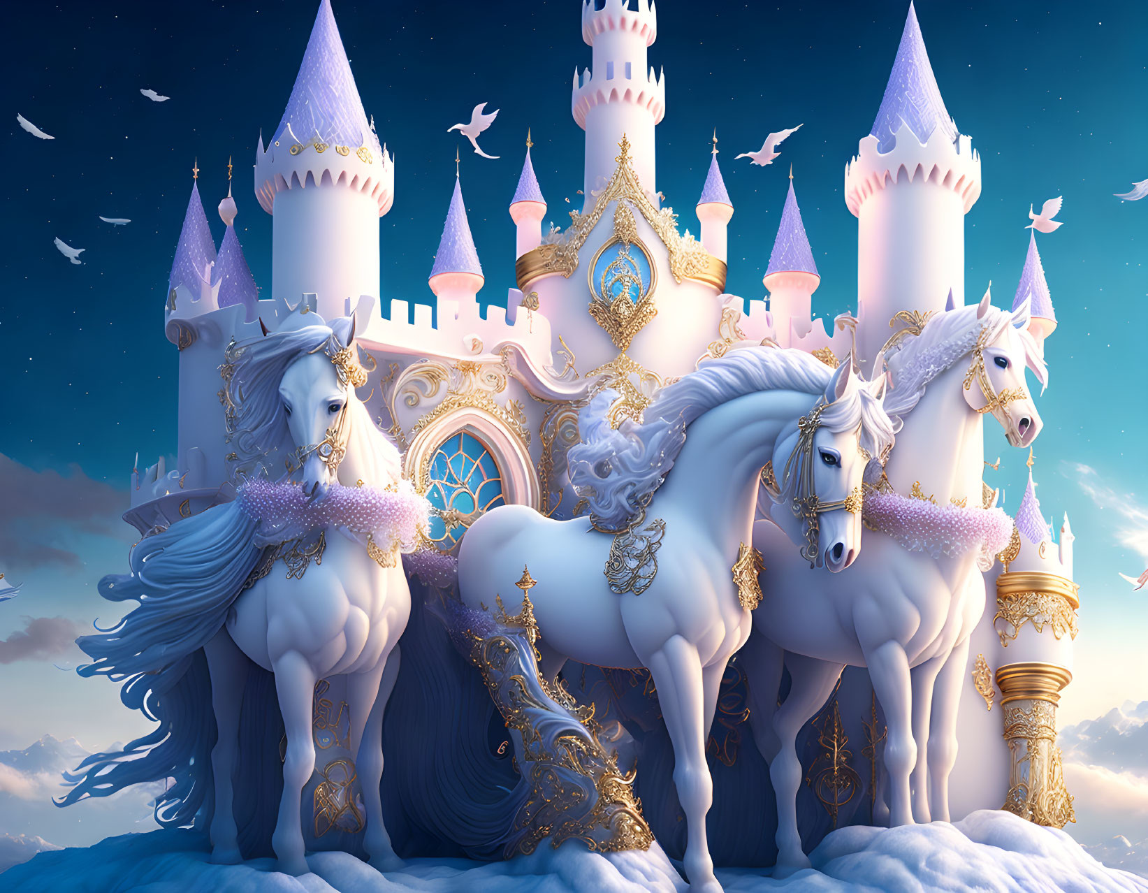 Three White Unicorns in Front of Fantastical Castle against Blue Sky