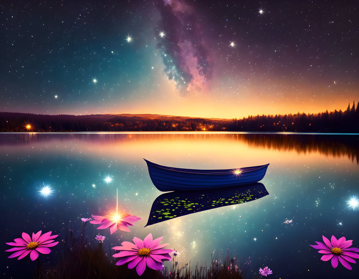 Twilight scene: serene lake with stars, boat, pink flowers, and galaxy.