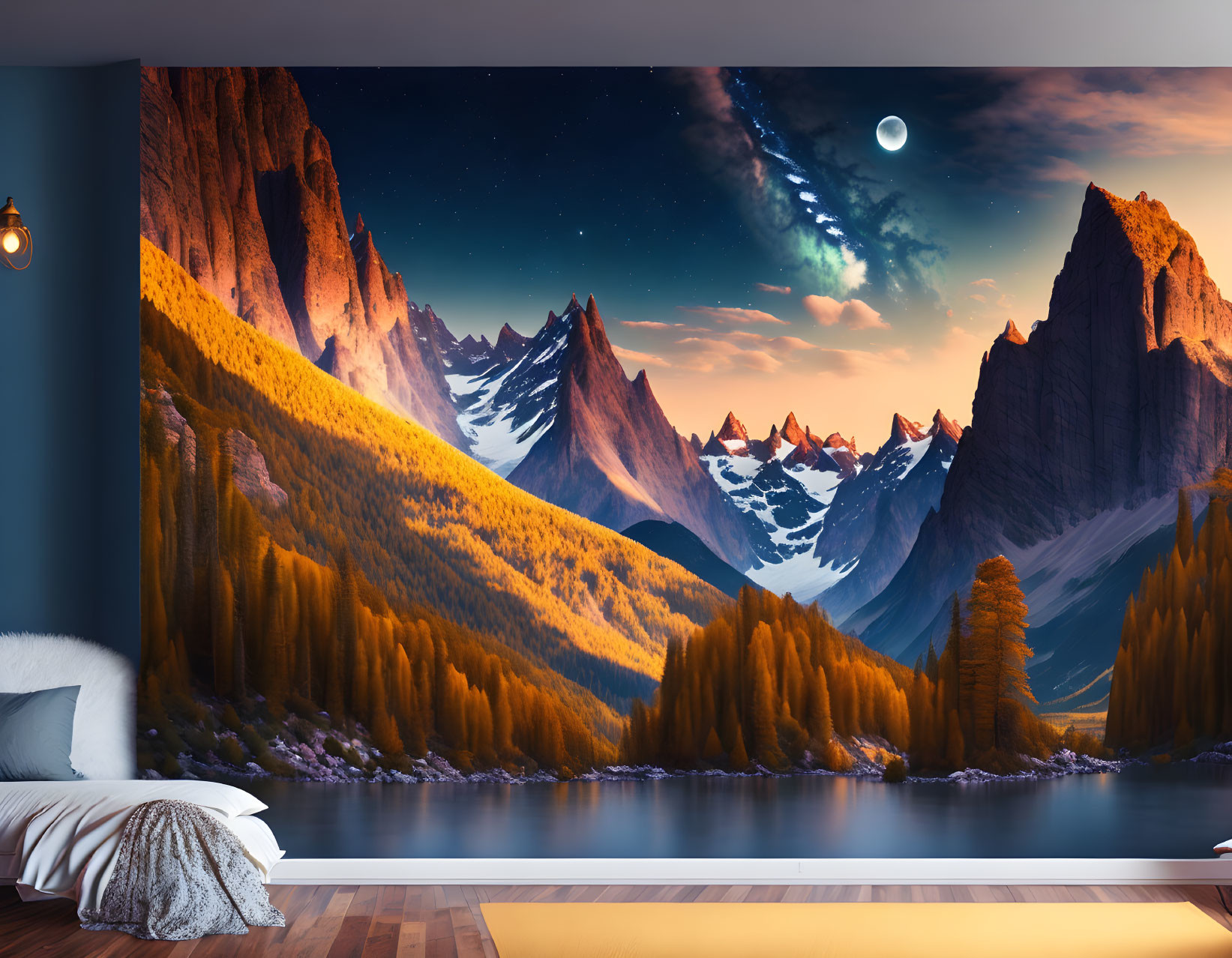 Spectacular mountain landscape mural in bedroom