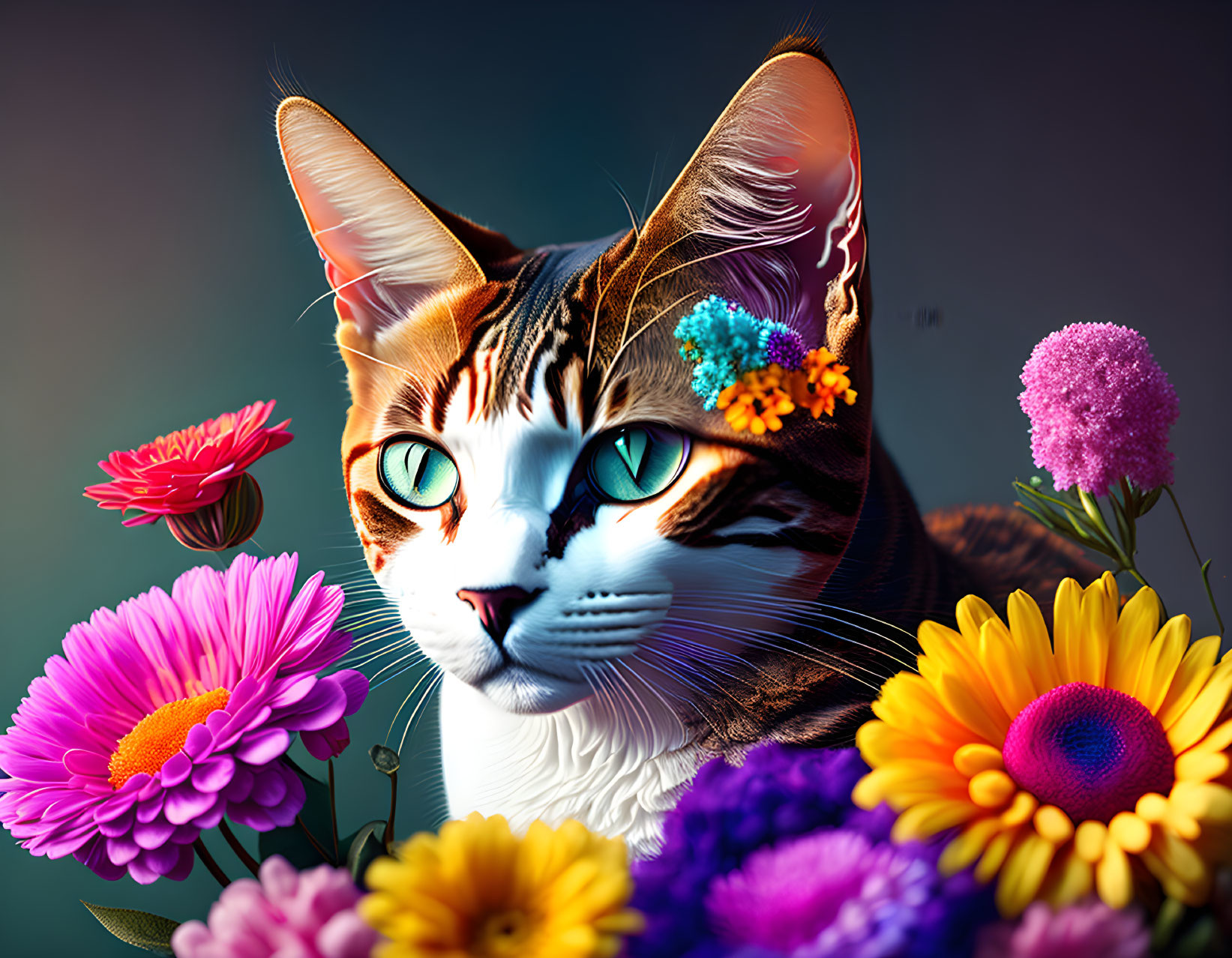 Vibrant digital art portrait of a cat with blue eyes and colorful flowers on blue gradient.