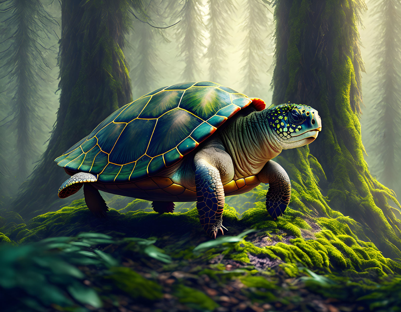 Colorful Turtle Walking in Mystical Forest with Towering Trees