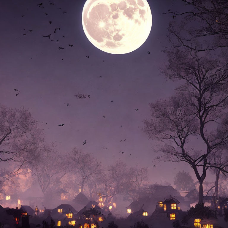 Nighttime village scene with full moon, lit houses, flying birds, and silhouetted trees