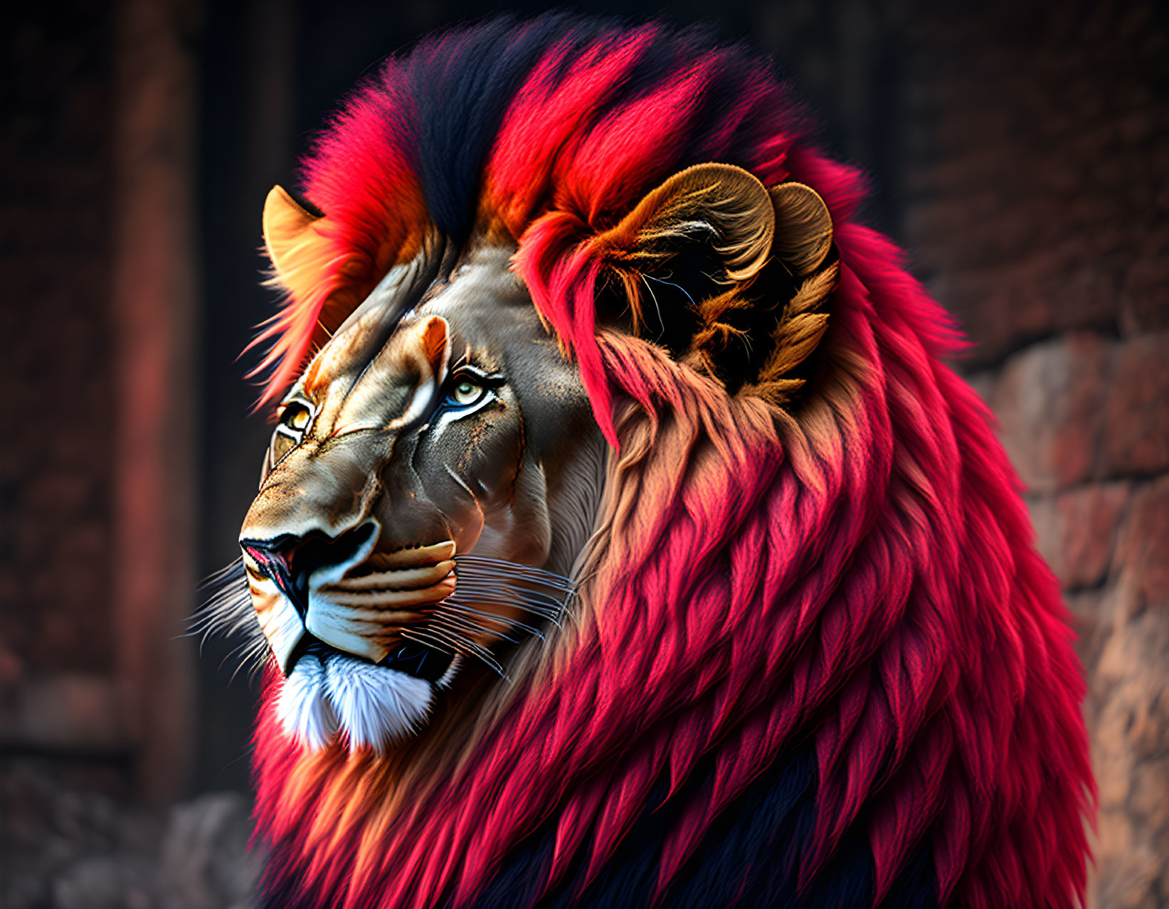 Digitally altered image: Lion with multicolored mane on blurred background