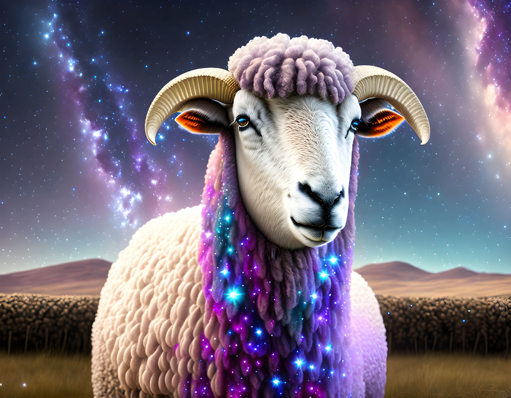 Galaxy-themed sheep with shimmering stars and colors