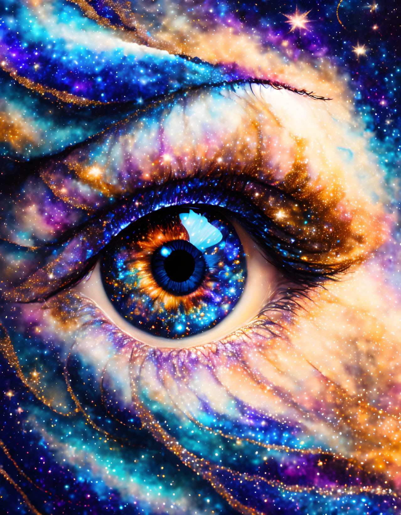 Close-Up Eye with Cosmic Galaxy Pattern and Vibrant Colors