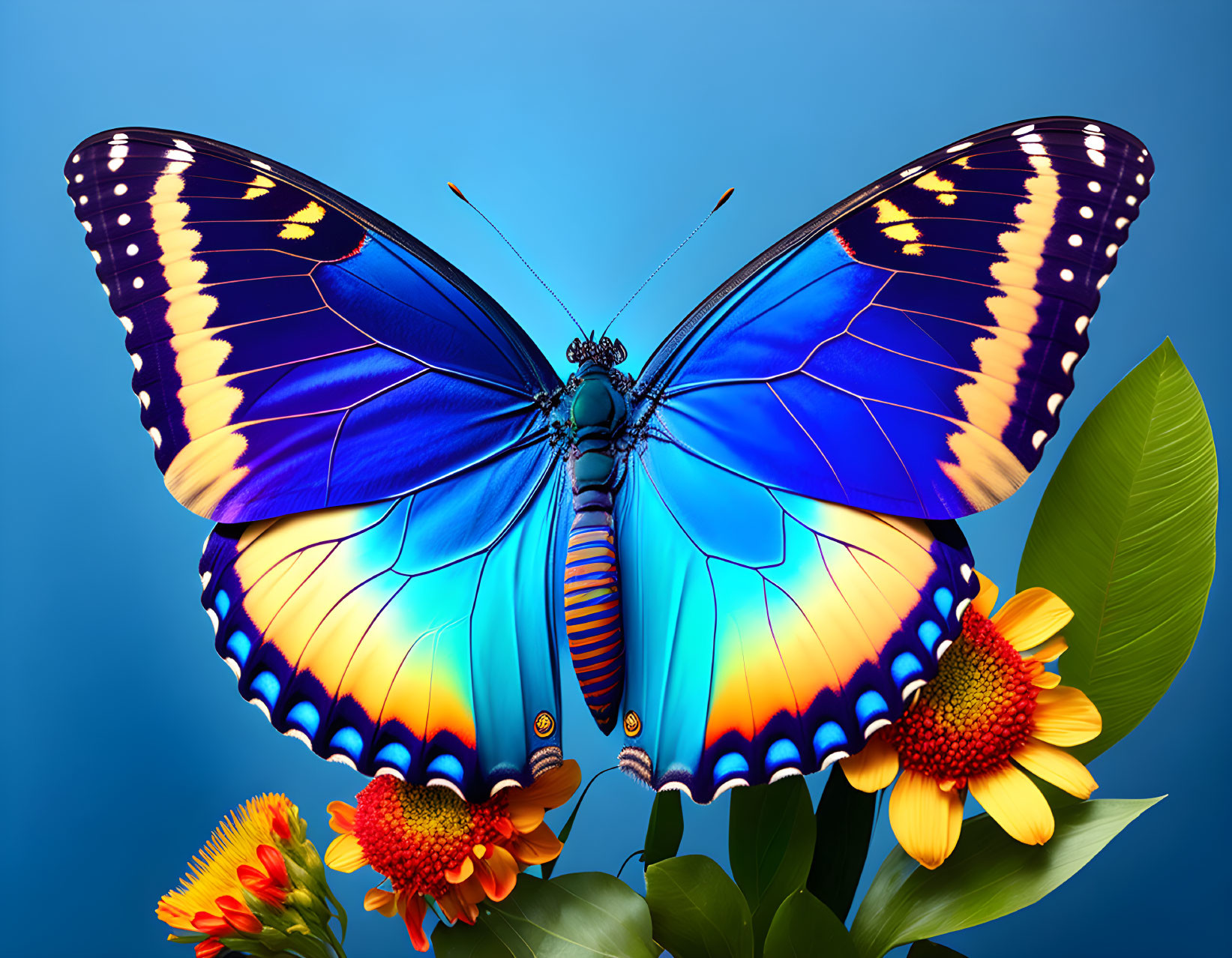 Colorful Butterfly on Yellow Flowers Against Blue Background