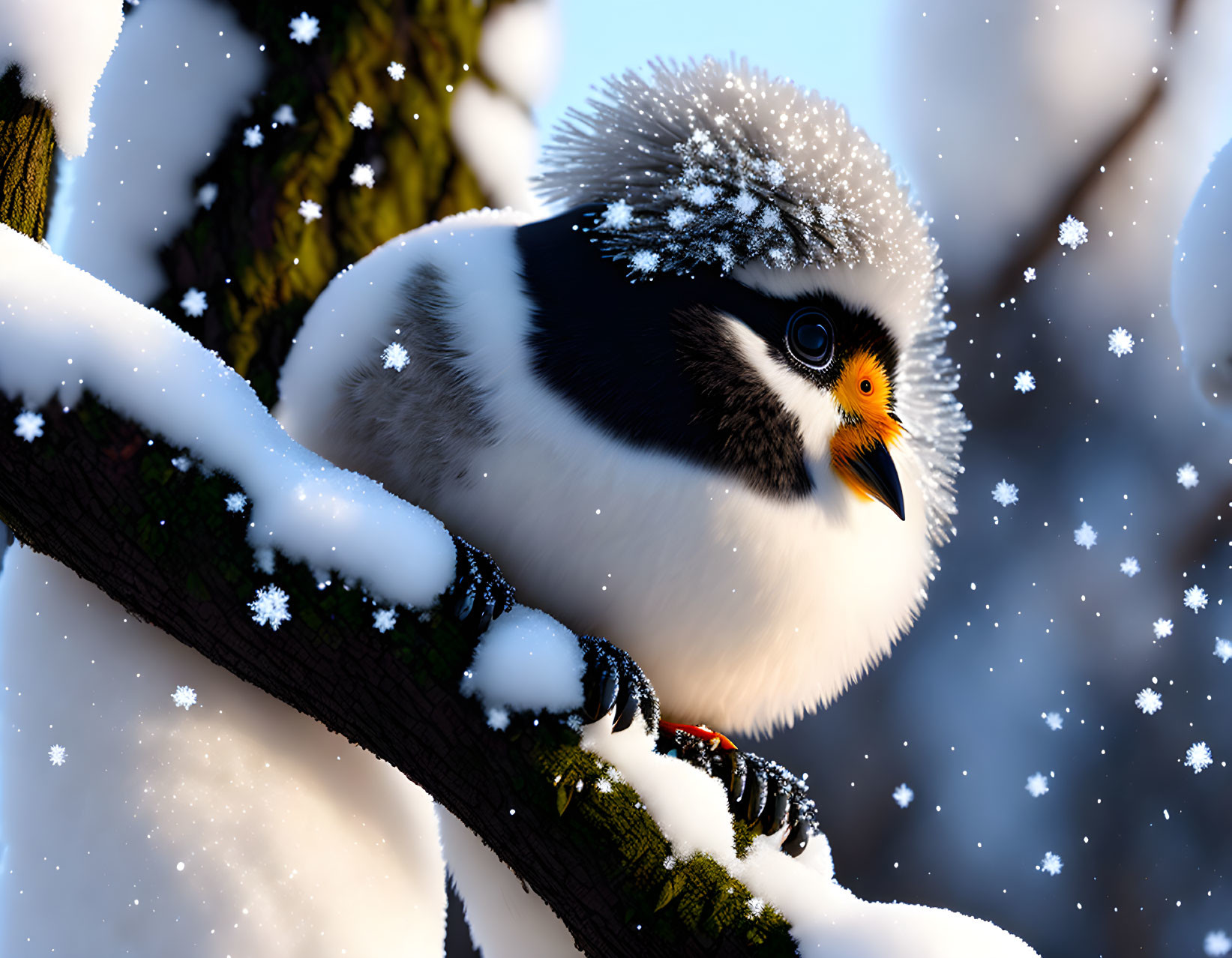 Fluffy white and black bird with orange beak on snowy branch with falling snowflakes