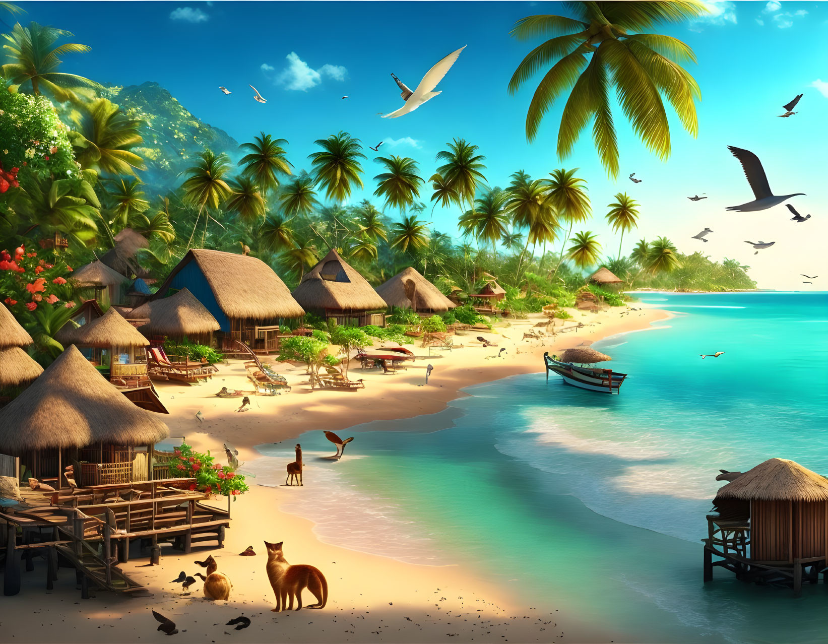 Tropical beach scene with huts, palm trees, blue water, boats, and birds