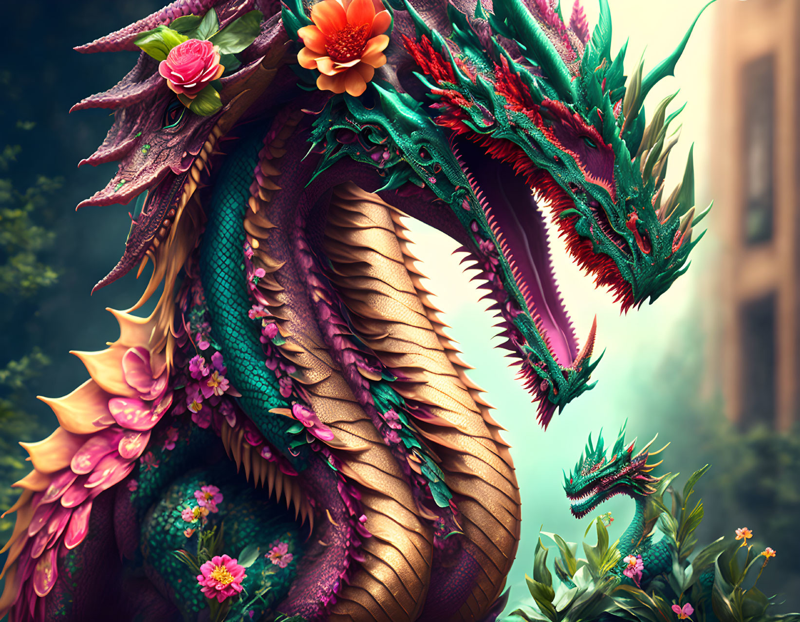 Colorful three-headed dragon in lush greenery with intricate floral scales