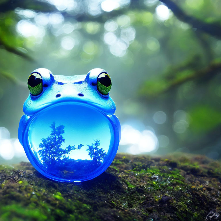 Blue Glass Frog Figurine with Miniature Forest Scene Display