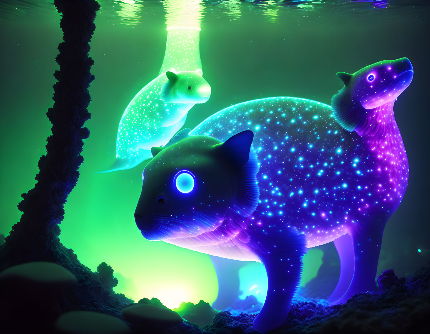 Bioluminescent sea creatures in radiant underwater scene