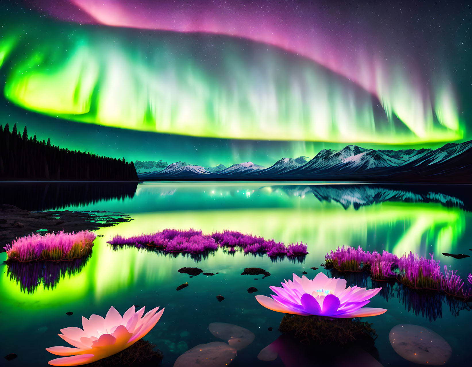 Colorful Northern Lights over mountain lake with lotus flowers