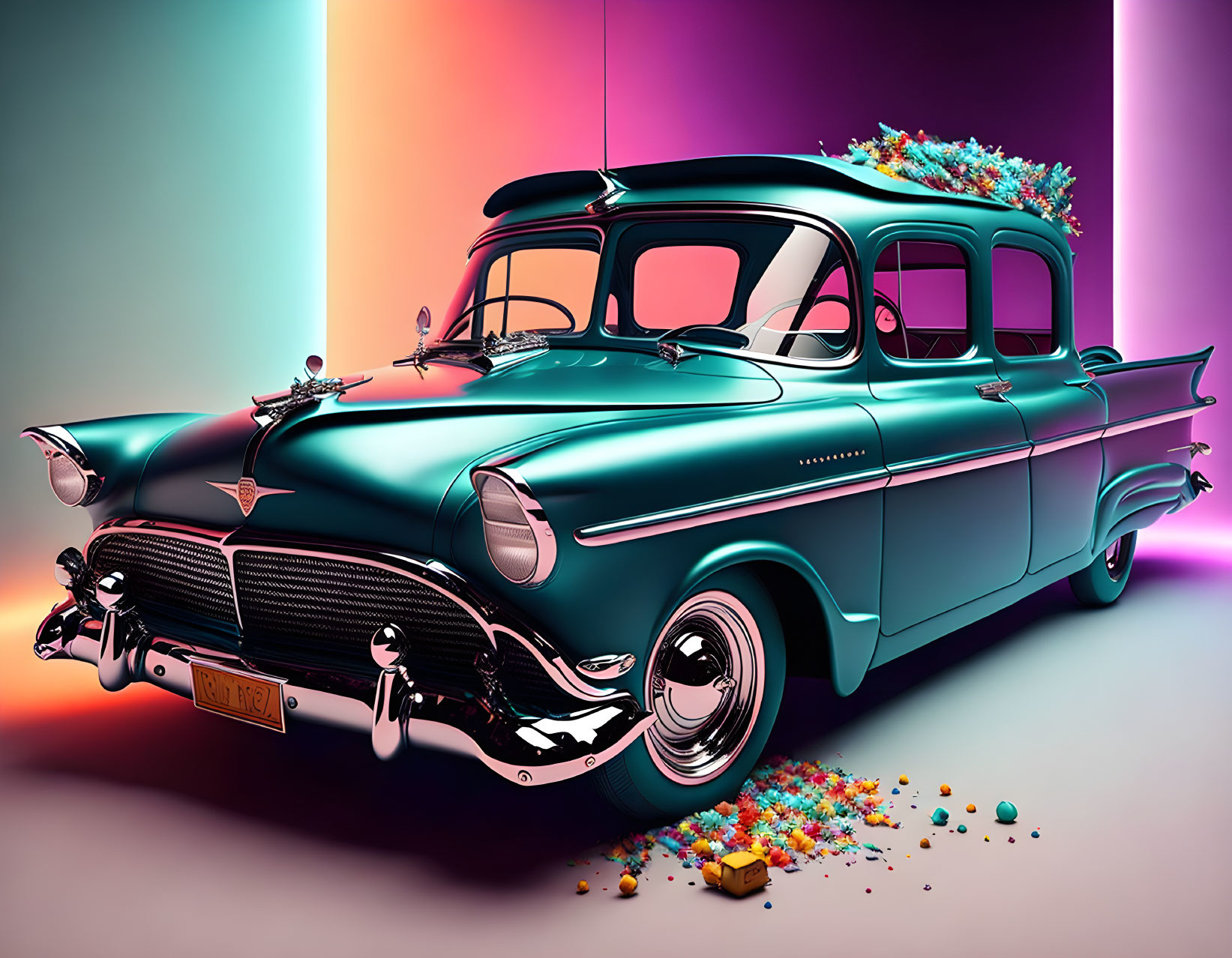 Teal vintage car with floral arrangement under pink-to-purple background.