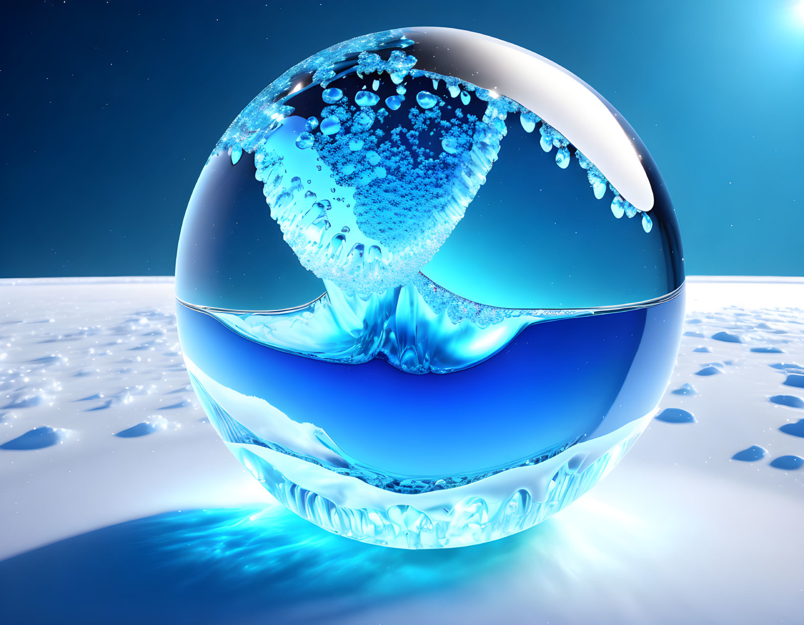 Spherical water droplet with dynamic splash in snowy starry scene