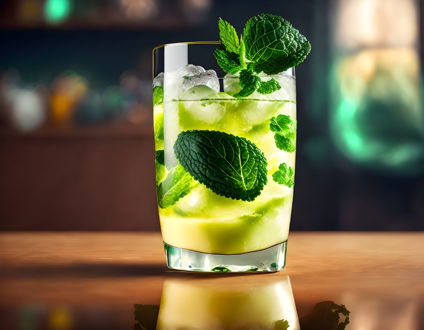 Mojito Cocktail with Lime Slices and Mint Leaves on Bar Counter